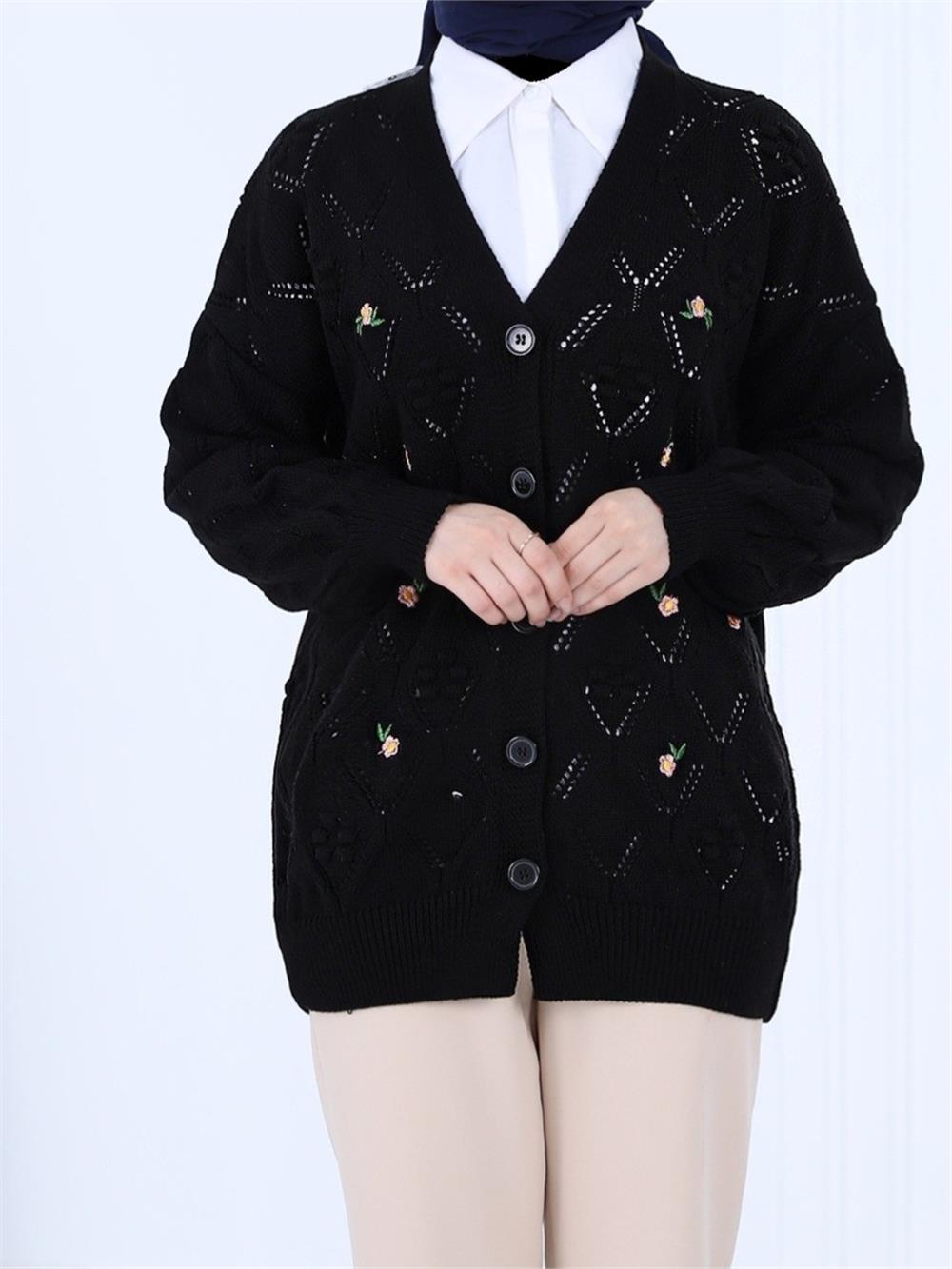 Pompom Floral Embroidered Buttoned Cardigan -Black-109-0456-R01
