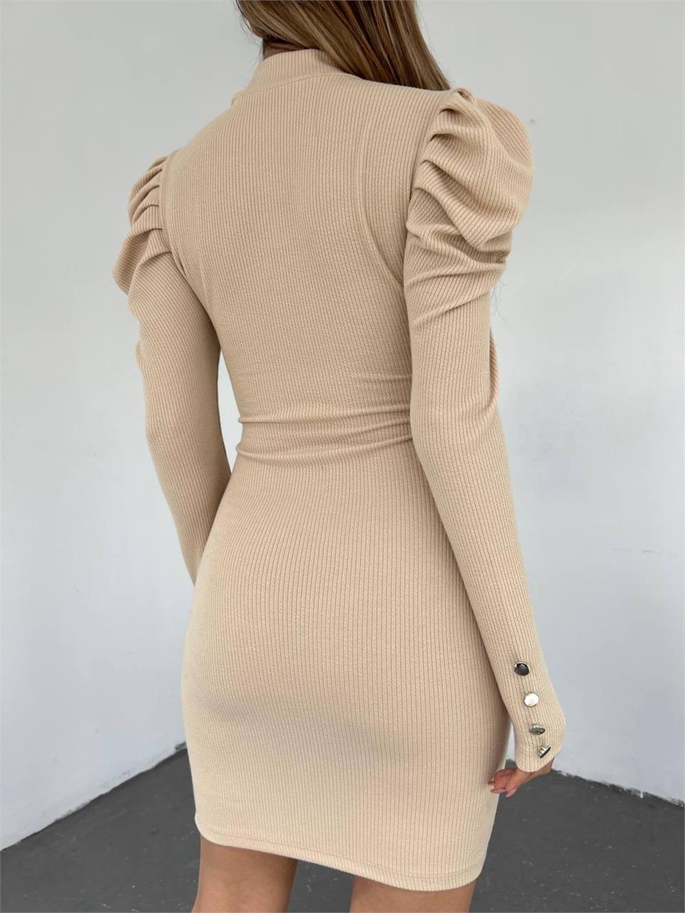 Princess Shoulder Sleeve End Buttoned Dress -Beige-358-10230-R56