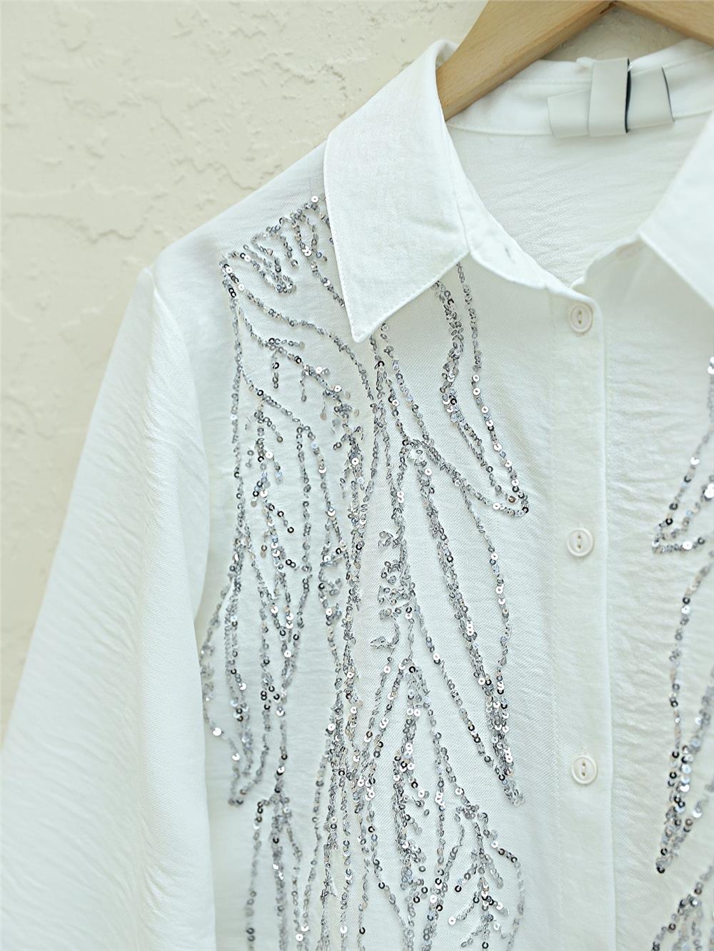 Sequined Embroidered Buttoned Shirt -White-238-2495-R02