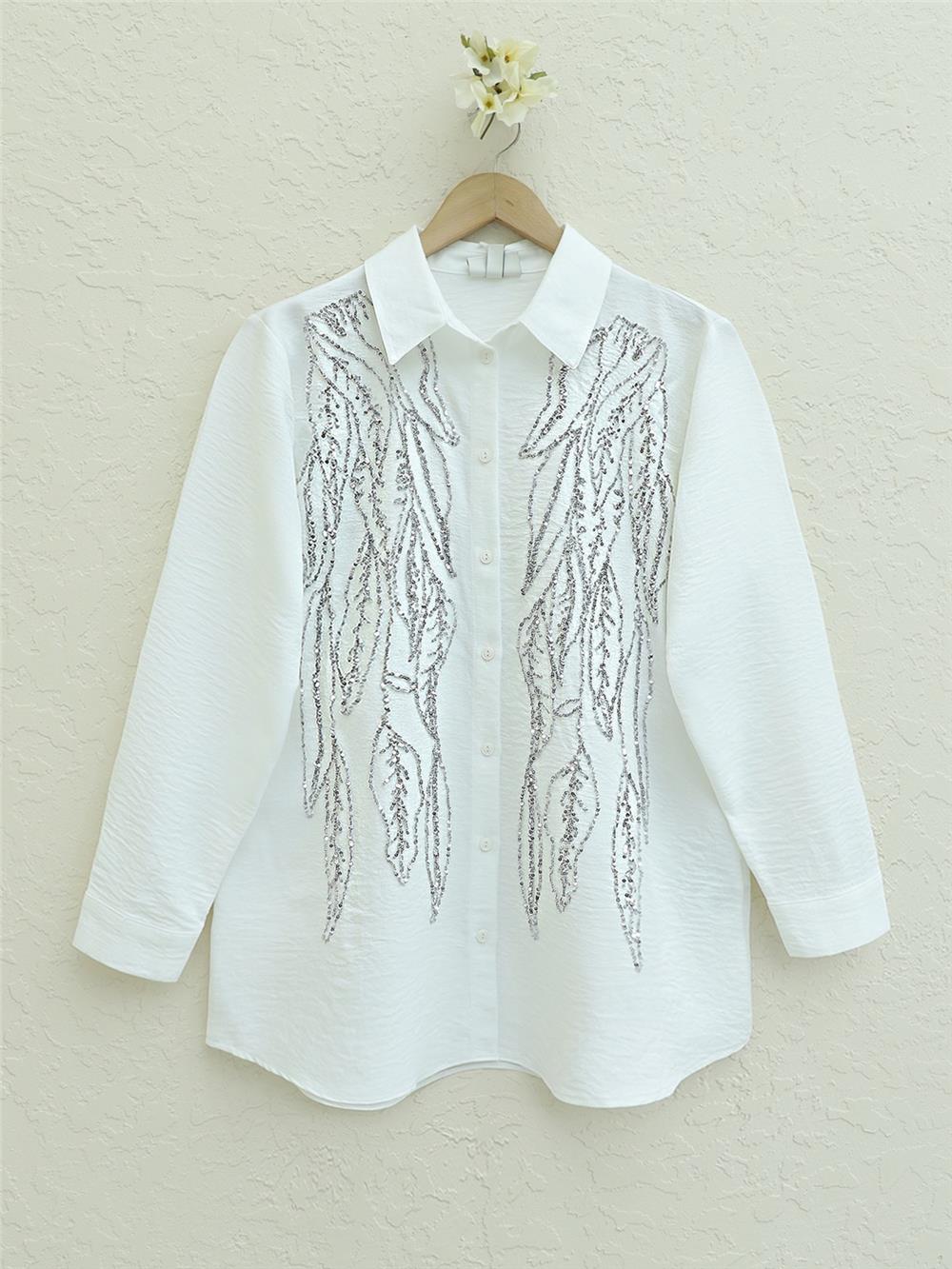 Sequined Embroidered Buttoned Shirt -White-238-2495-R02