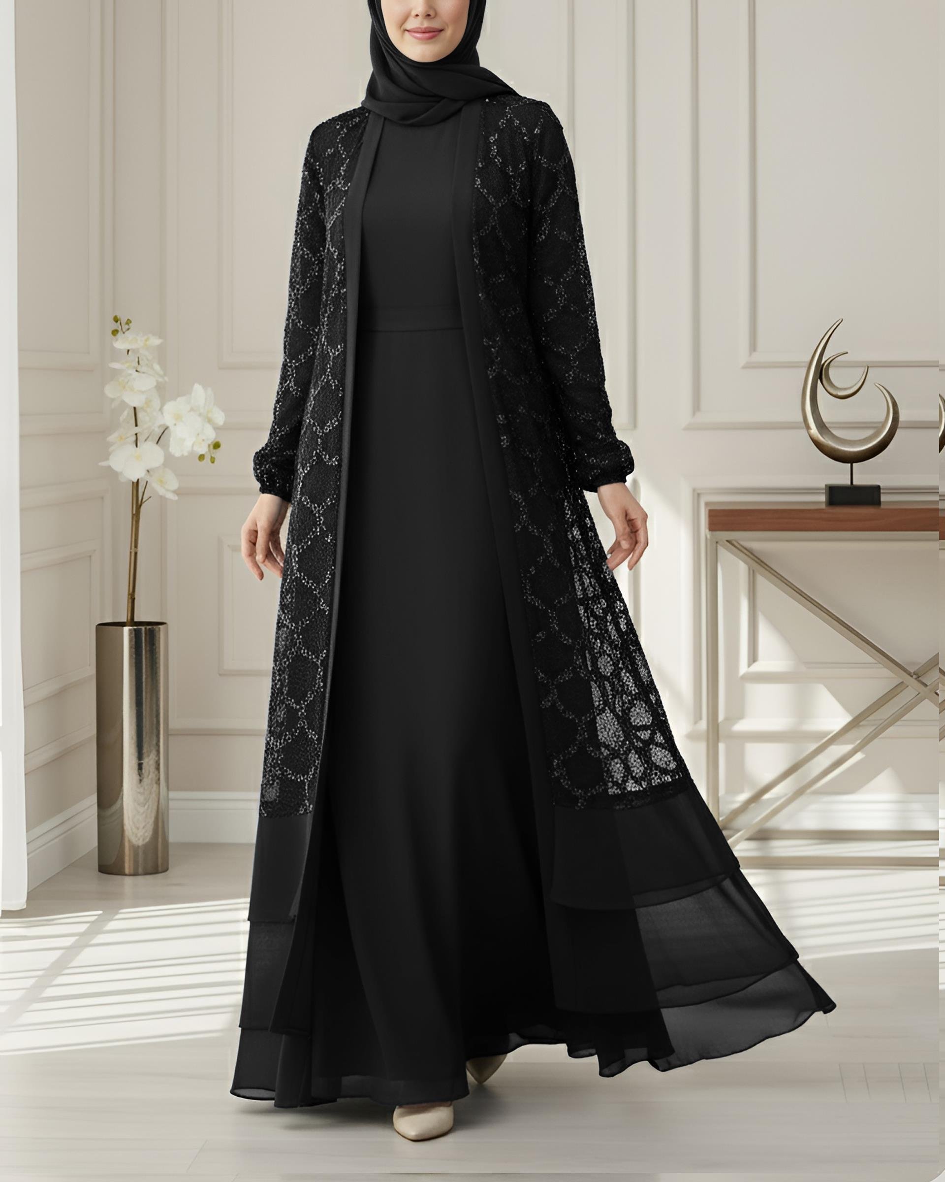 Pul Payetli Eteği Katlı Kemerli İkili Abaya -Siyah
