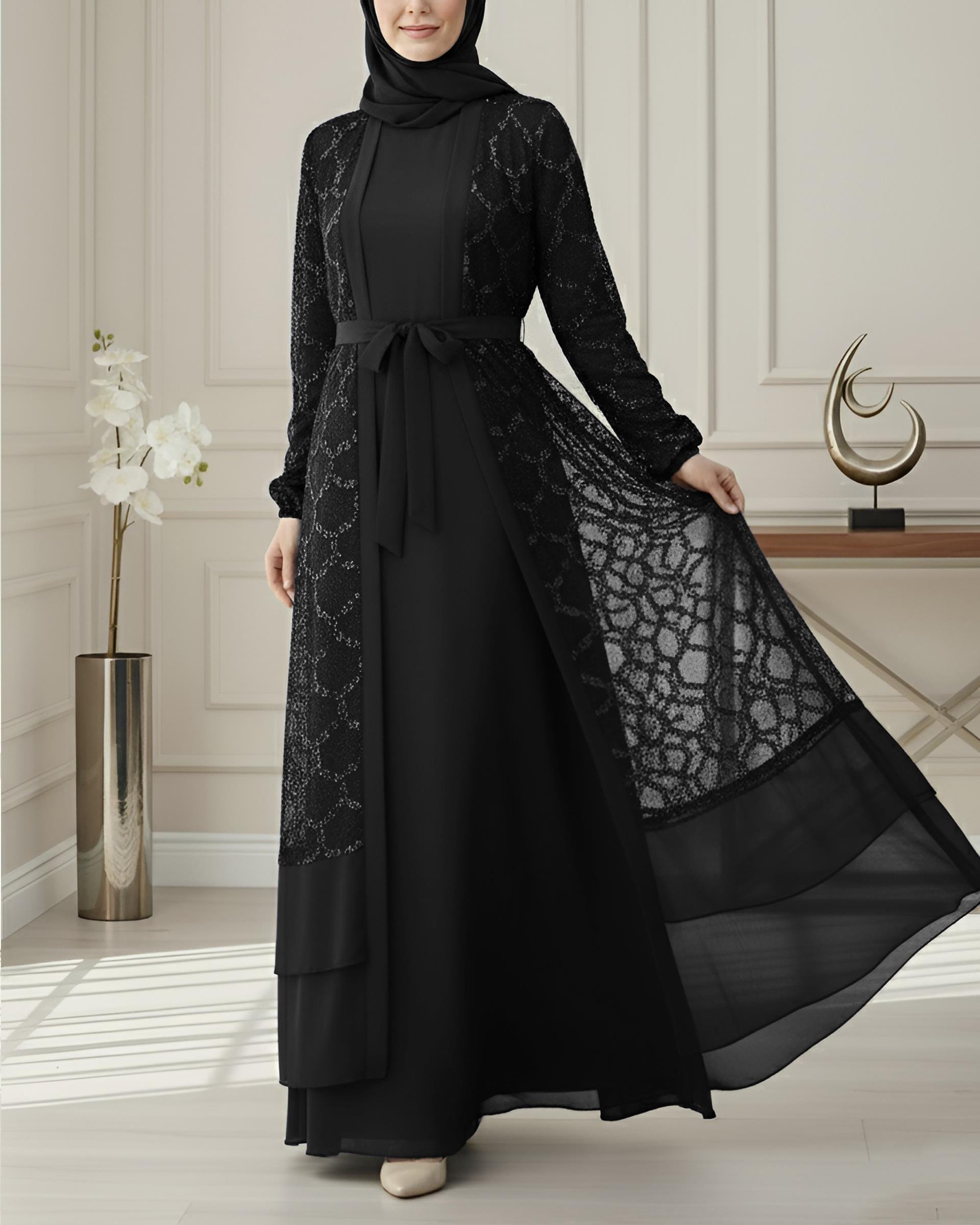 Pul Payetli Eteği Katlı Kemerli İkili Abaya -Siyah