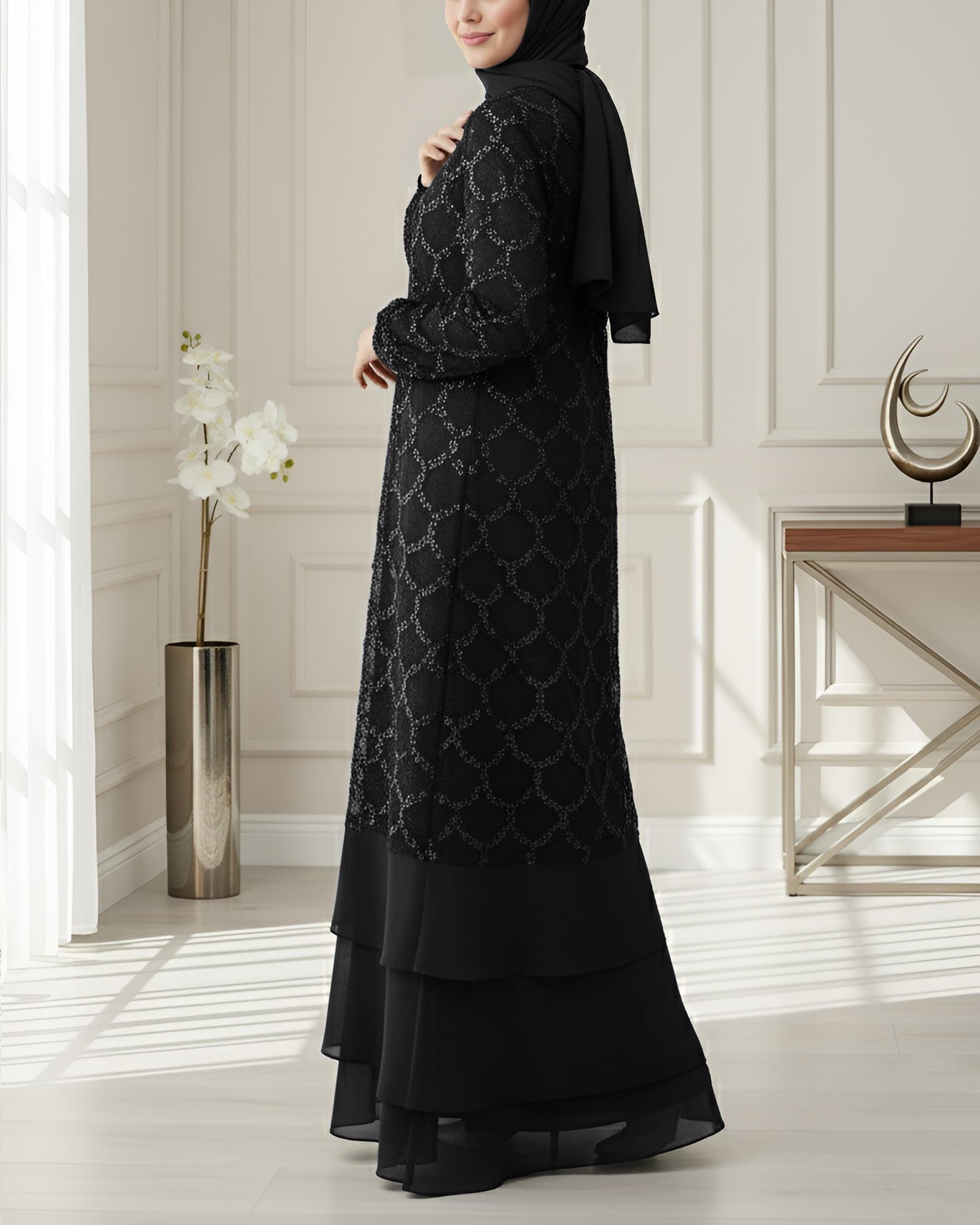Pul Payetli Eteği Katlı Kemerli İkili Abaya -Siyah