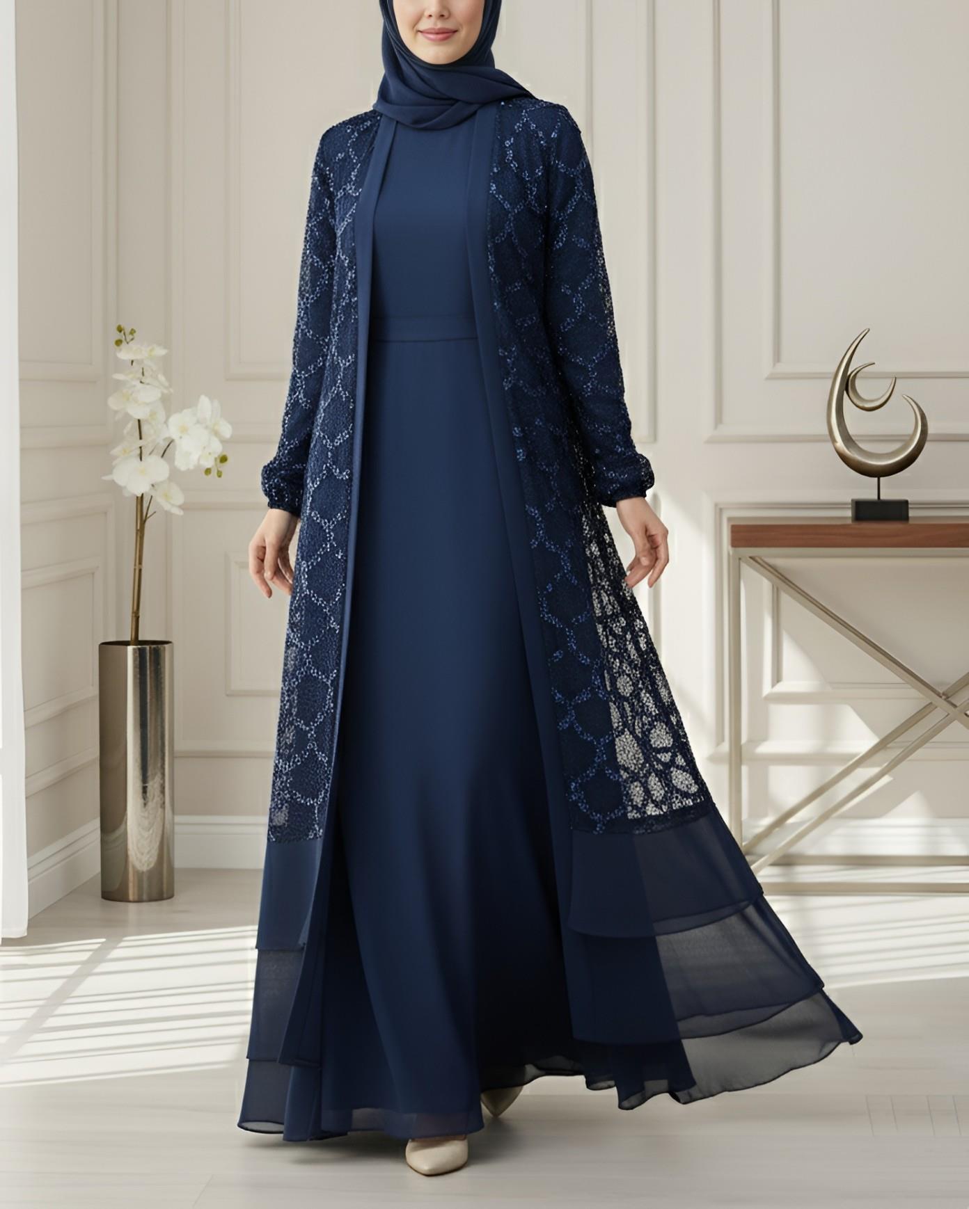 Pul Payetli Eteği Katlı Kemerli İkili Abaya -Laci