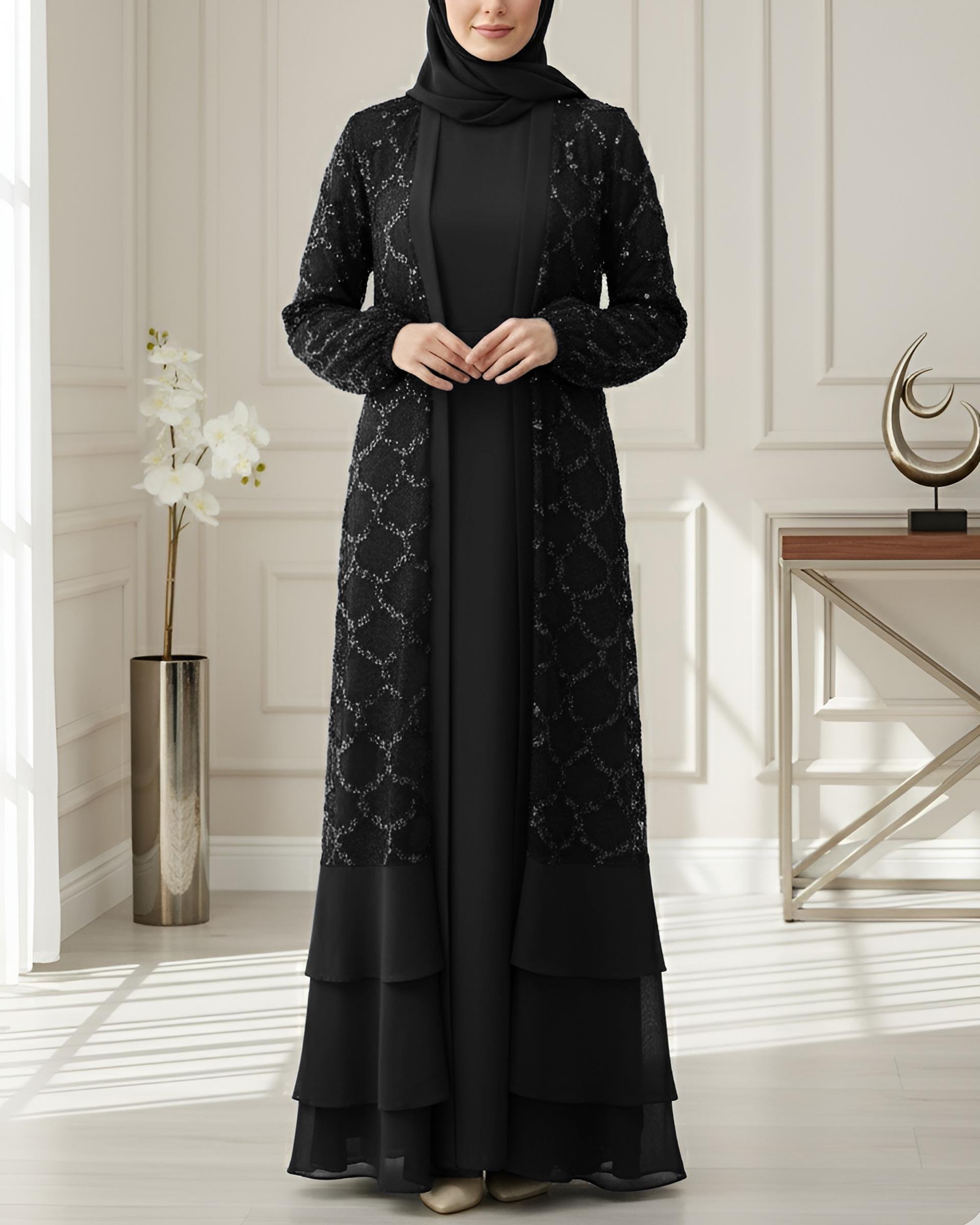Pul Payetli Eteği Katlı Kemerli İkili Abaya -Siyah