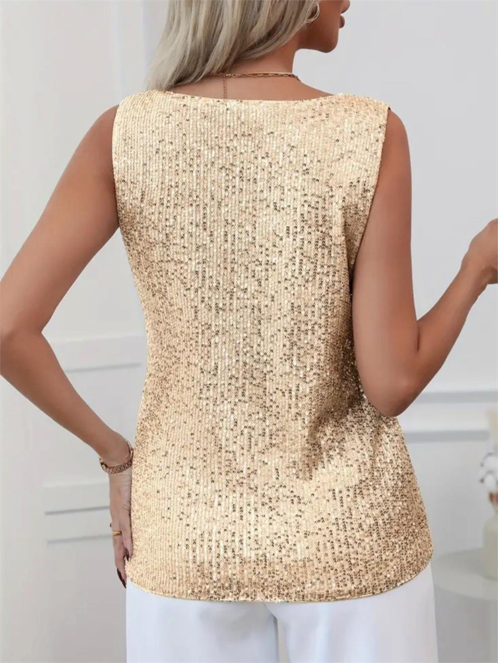 Pul Payetli Sıfır Kol Bluz -Altın-349-6077-R46