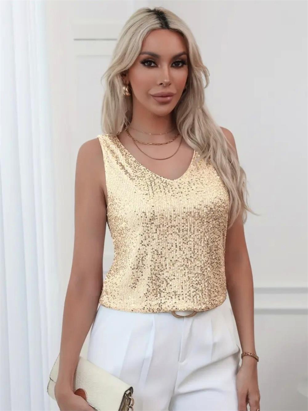 Pul Payetli Sıfır Kol Bluz -Altın-349-6077-R46