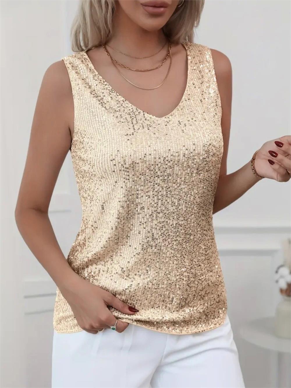 Pul Payetli Sıfır Kol Bluz -Altın-349-6077-R46
