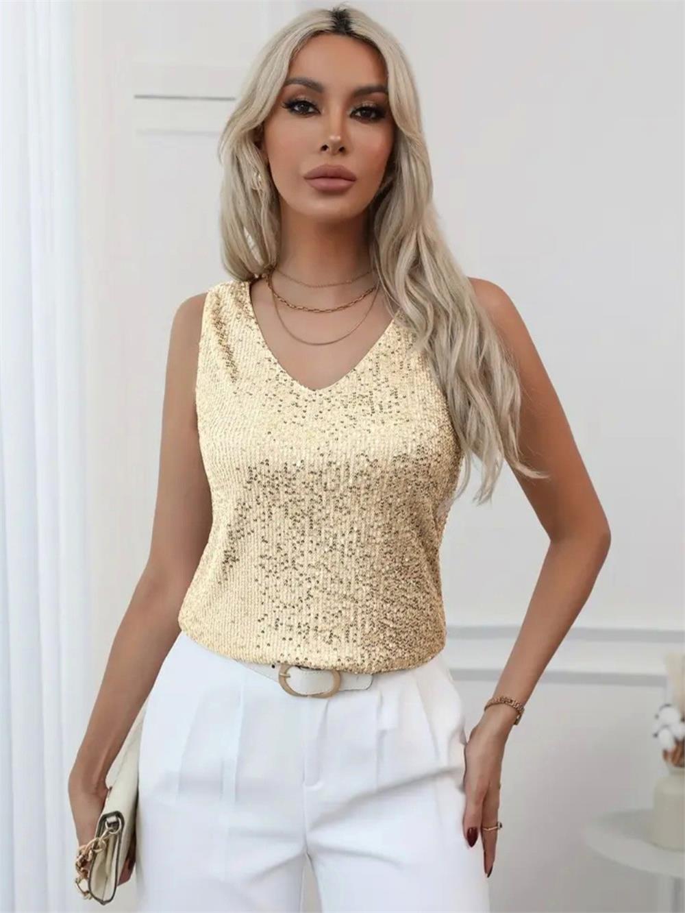 Pul Payetli Sıfır Kol Bluz -Altın-349-6077-R46