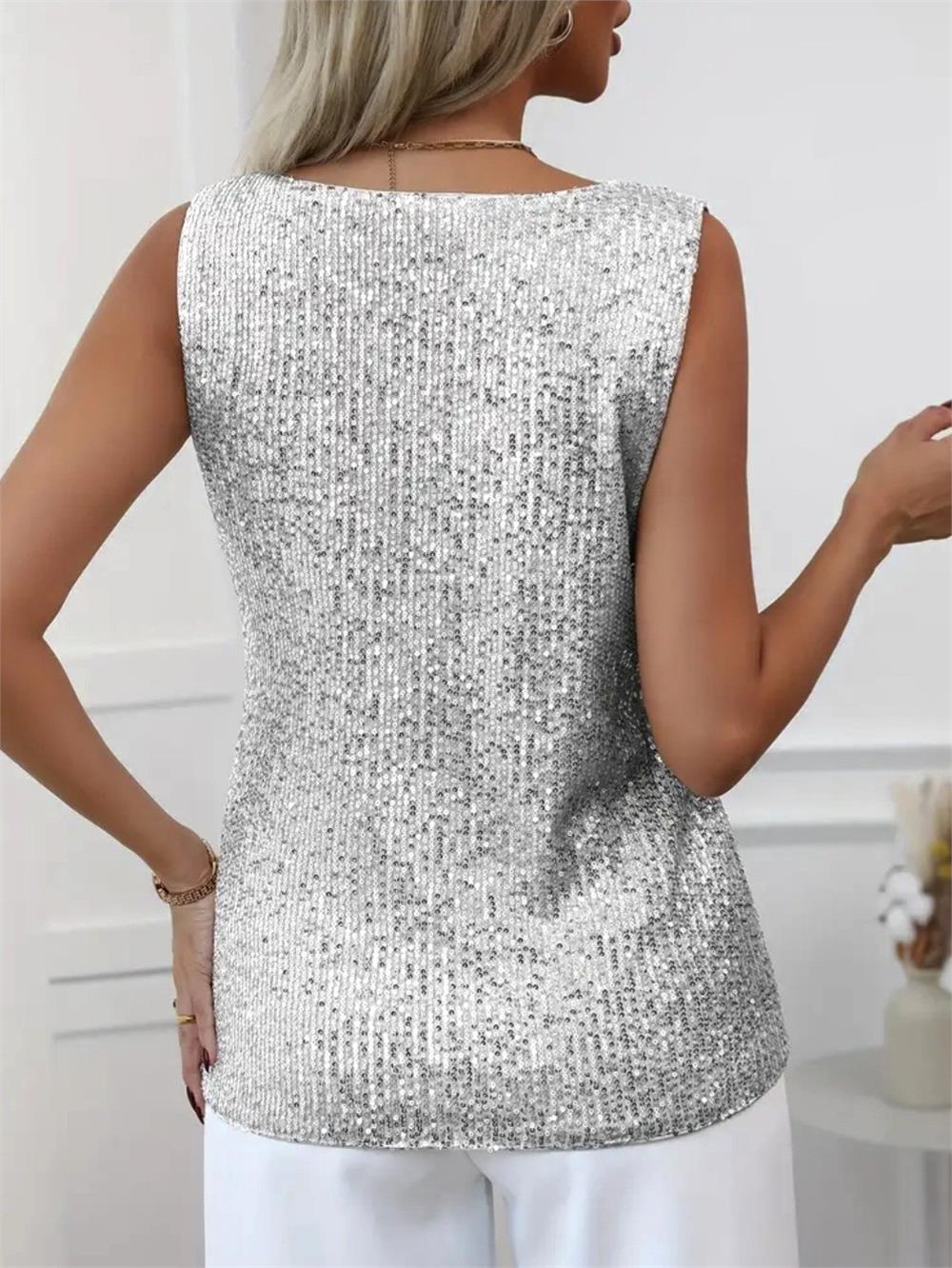 Pul Payetli Sıfır Kol Bluz -Gümüş-349-6077-R47