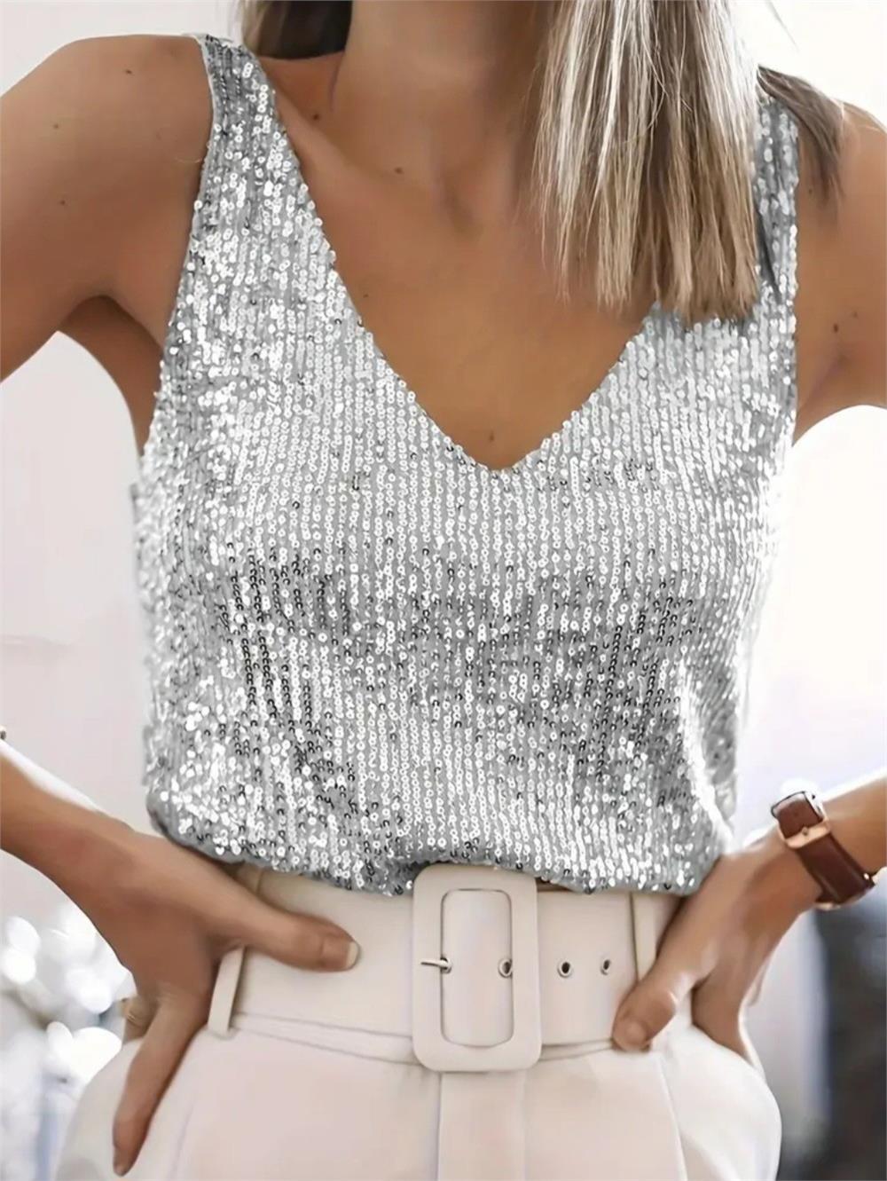 Pul Payetli Sıfır Kol Bluz -Gümüş-349-6077-R47