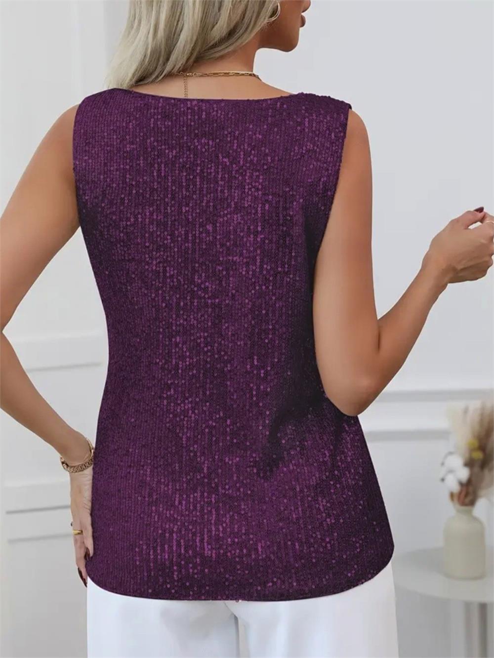 Pul Payetli Sıfır Kol Bluz -Mürdüm-349-6077-R09