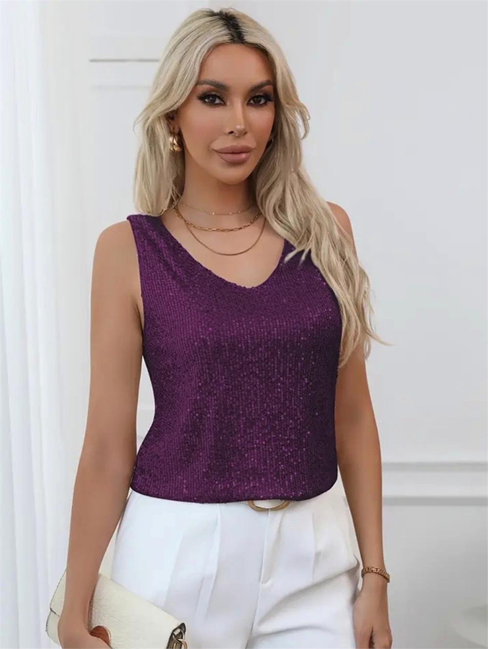 Pul Payetli Sıfır Kol Bluz -Mürdüm-349-6077-R09