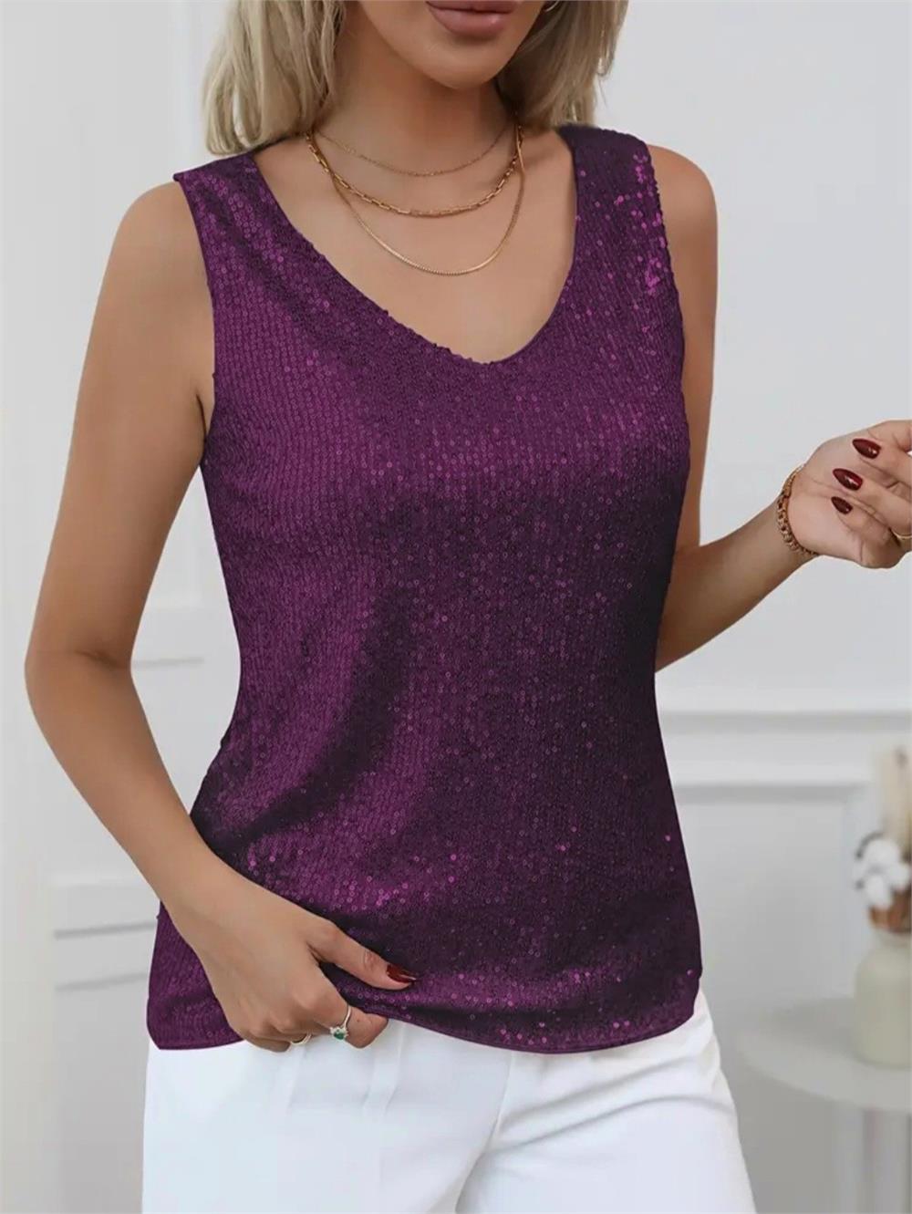 Pul Payetli Sıfır Kol Bluz -Mürdüm-349-6077-R09