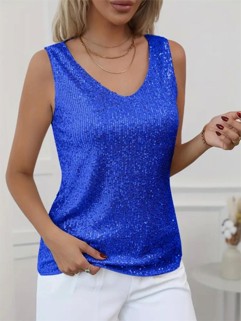 Pul Payetli Sıfır Kol Bluz -Saks-349-6077-R10