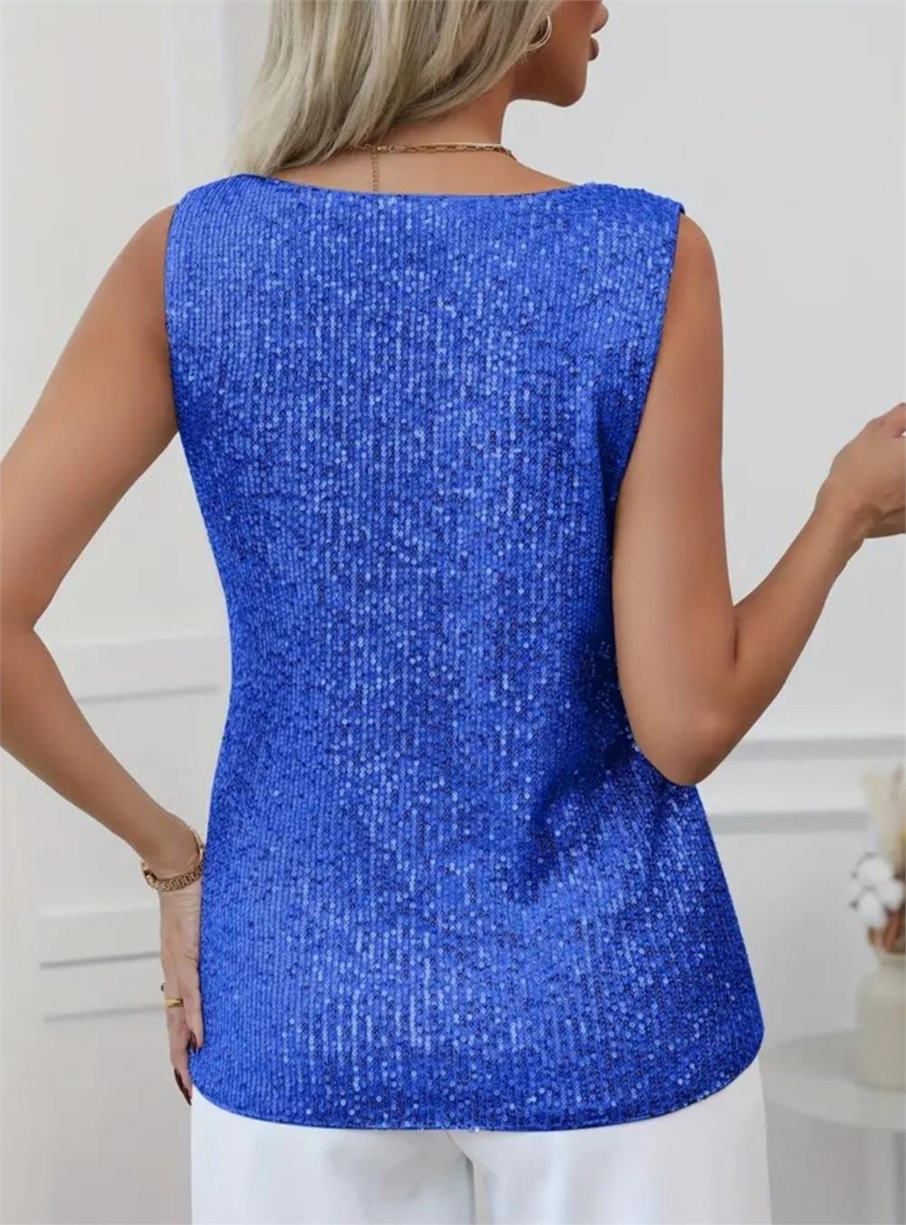 Pul Payetli Sıfır Kol Bluz -Saks-349-6077-R10