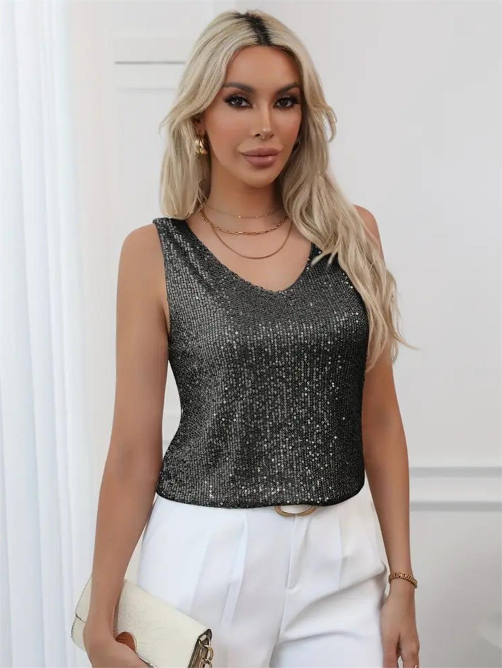 Pul Payetli Sıfır Kol Bluz -Siyah-349-6077-R01