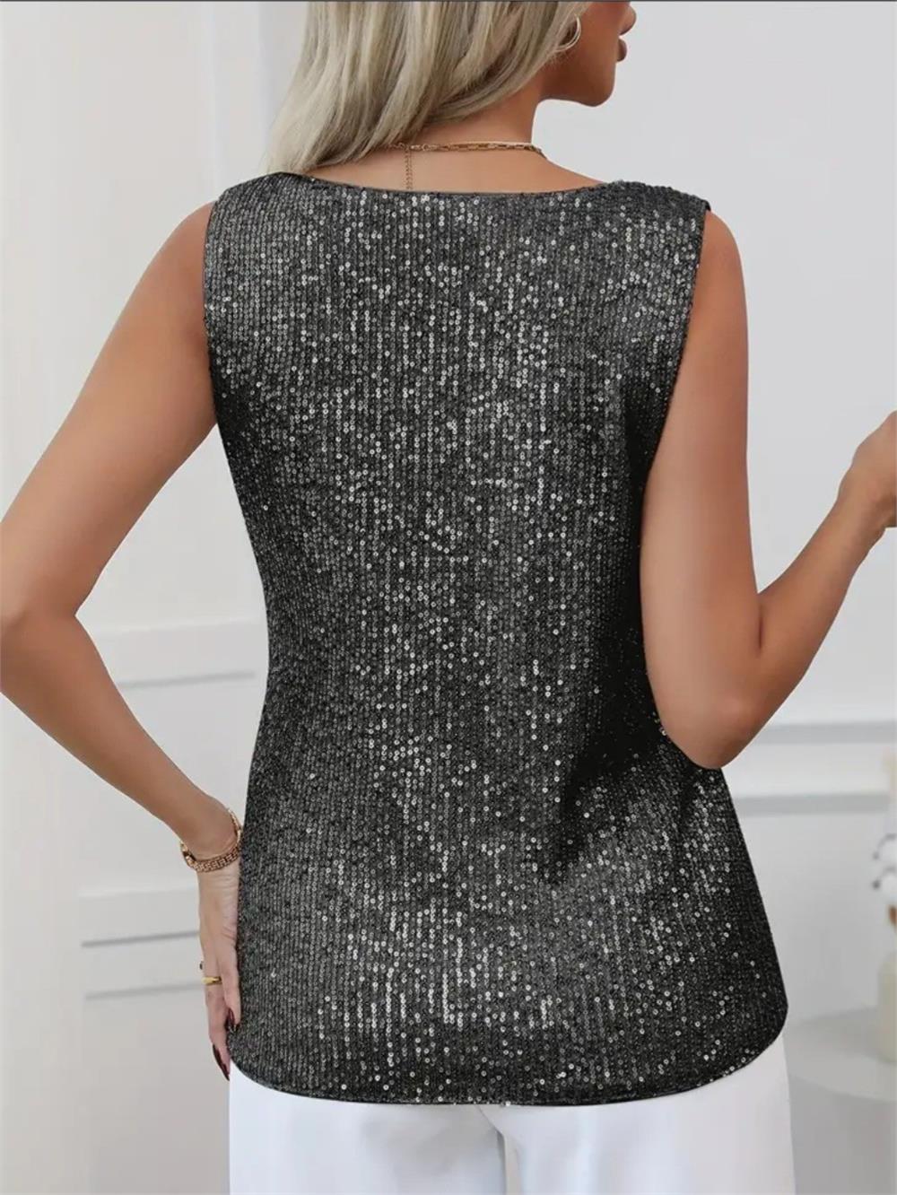 Pul Payetli Sıfır Kol Bluz -Siyah-349-6077-R01
