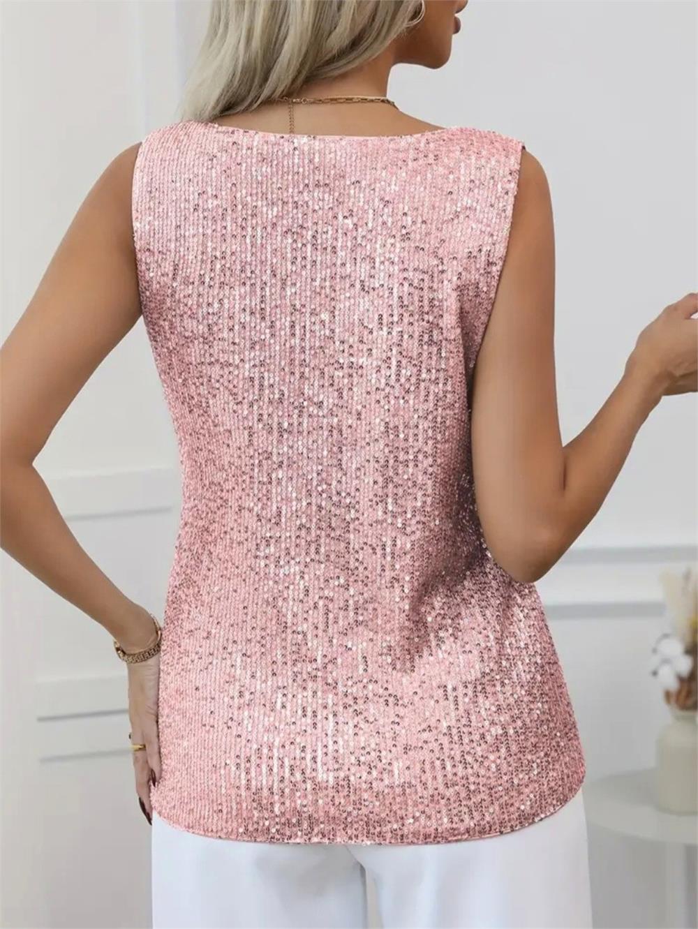 Pul Payetli Sıfır Kol Bluz -Somon-349-6077-R13