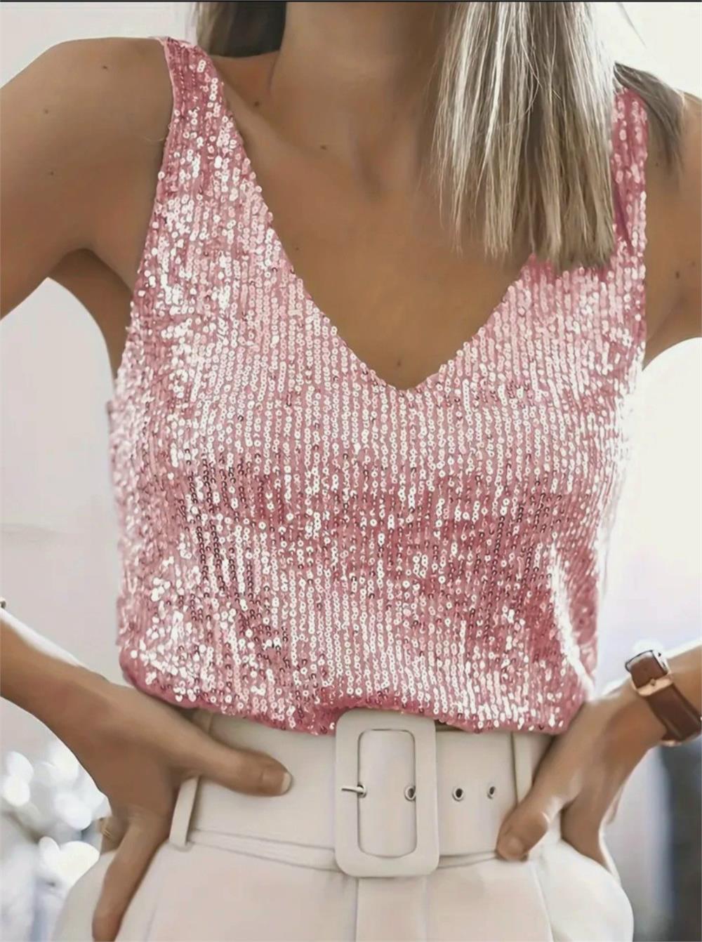 Pul Payetli Sıfır Kol Bluz -Somon-349-6077-R13