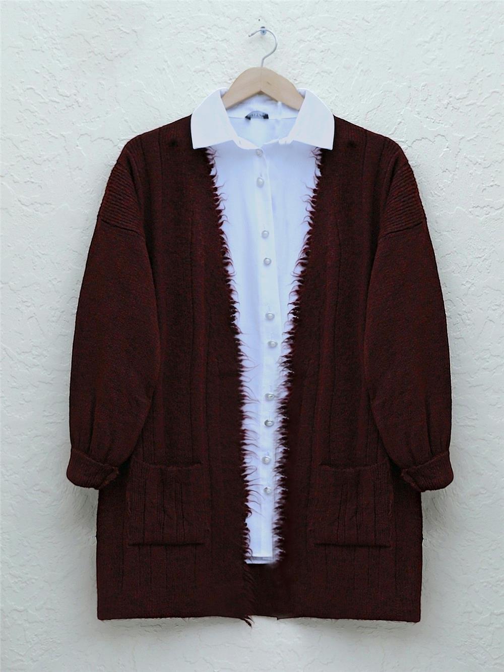 Tassel Detailed Pocket Knitted Cardigan - Claret Red-109-0767-R04