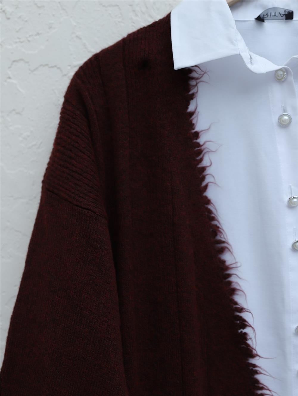 Tassel Detailed Pocket Knitted Cardigan - Claret Red-109-0767-R04