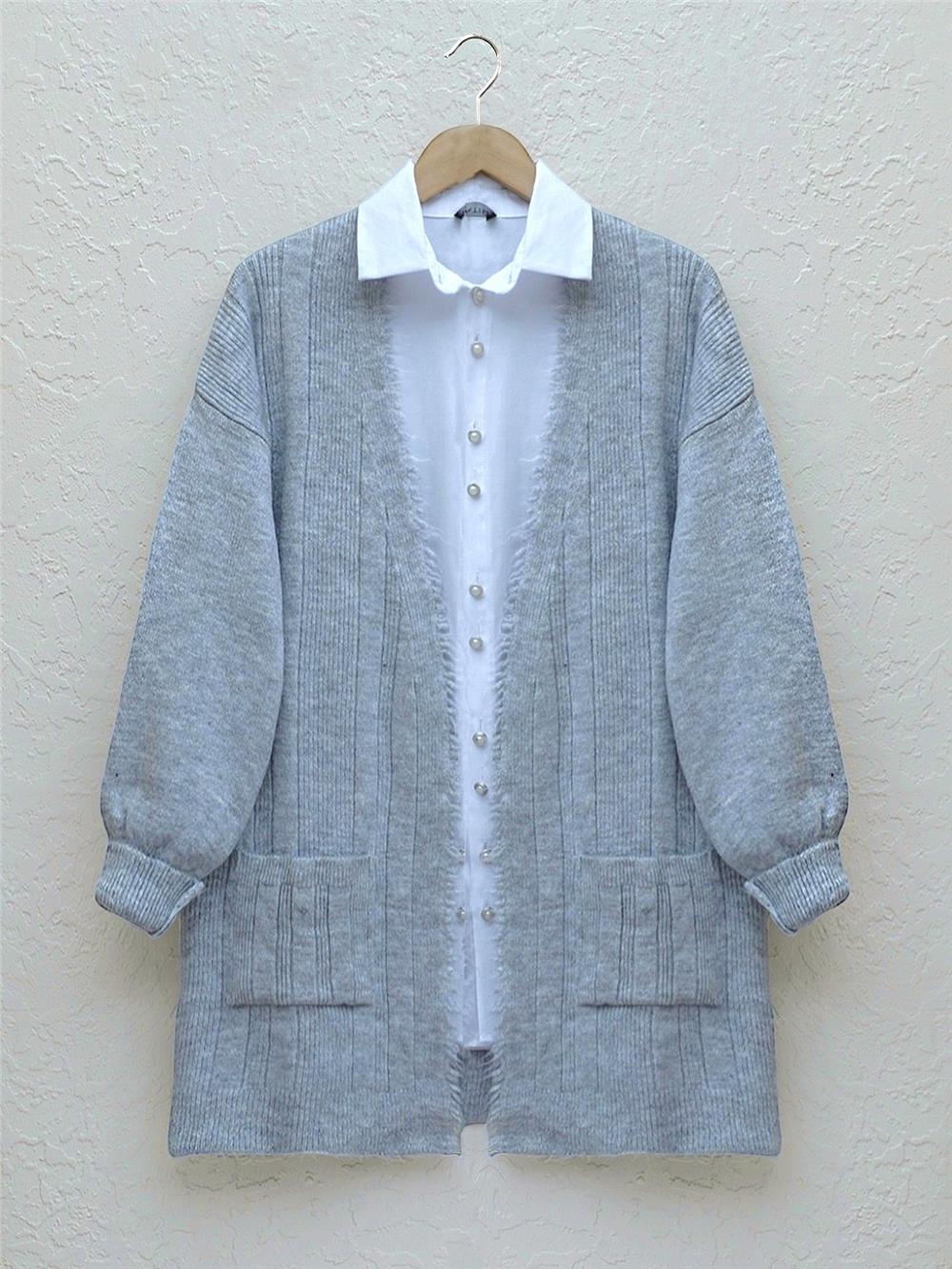 Tassel Detailed Pocket Knitted Cardigan - Gray-109-0767-R11