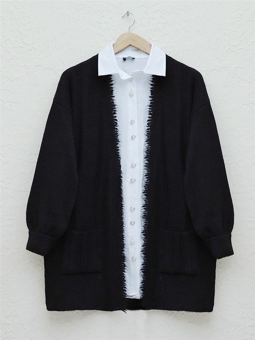 Tassel Detailed Pocket Knitted Cardigan -Black-109-0767-R01