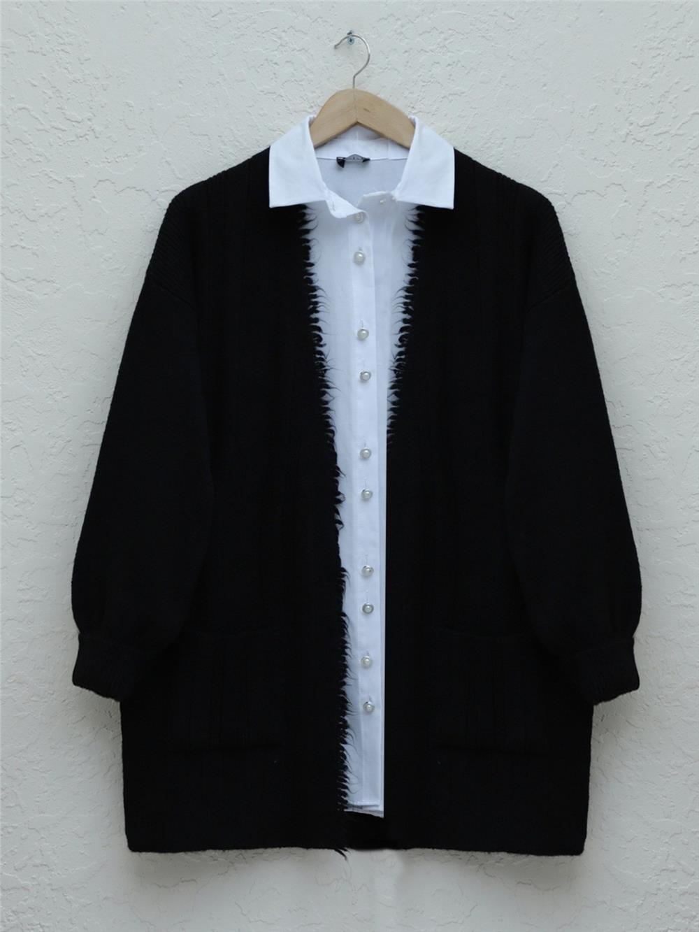 Tassel Detailed Pocket Knitted Cardigan -Black-109-0767-R01