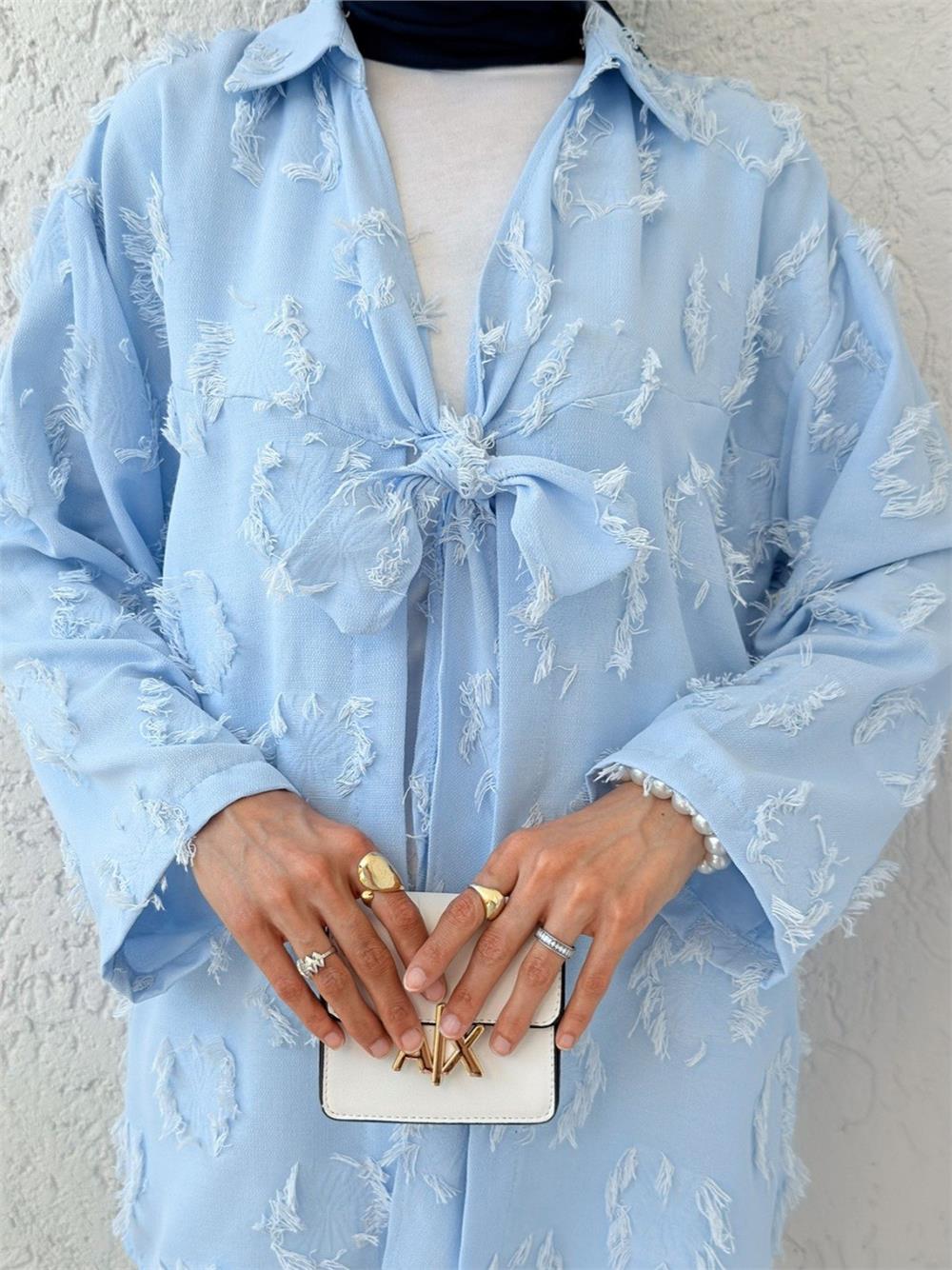 Püskül Detaylı Önden Bağlamalı Kimono -Bebe Mavi-307-2334-R32