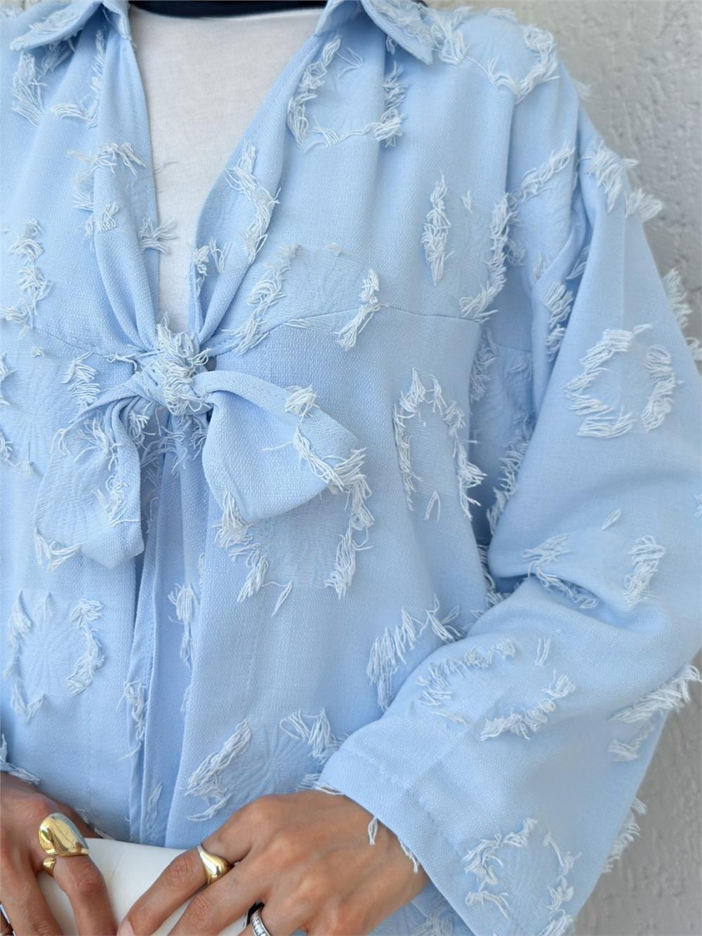 Püskül Detaylı Önden Bağlamalı Kimono -Bebe Mavi-307-2334-R32