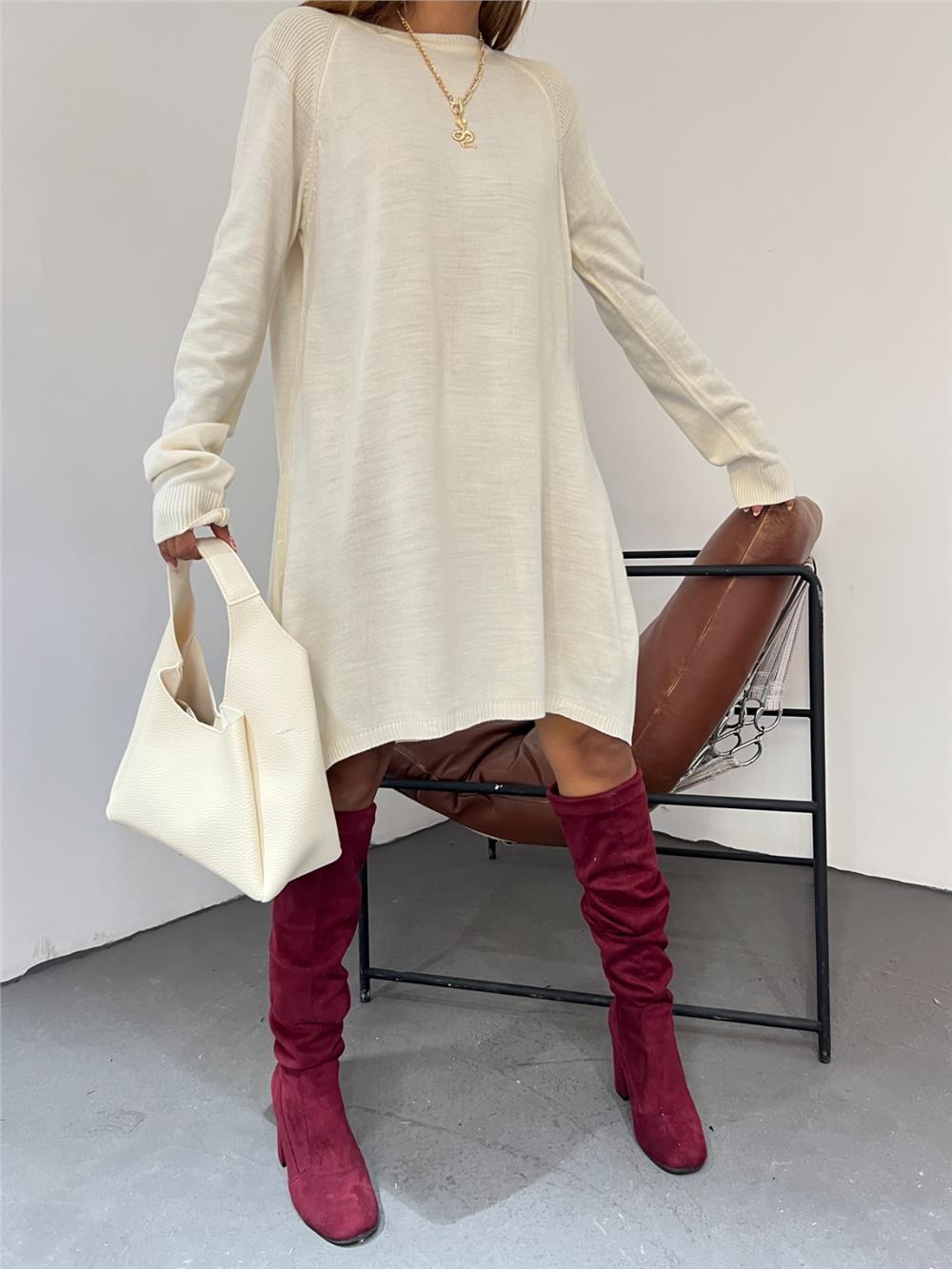 Raglan Sleeve Plain Knitwear Tunic - Cream-295-2100-R28