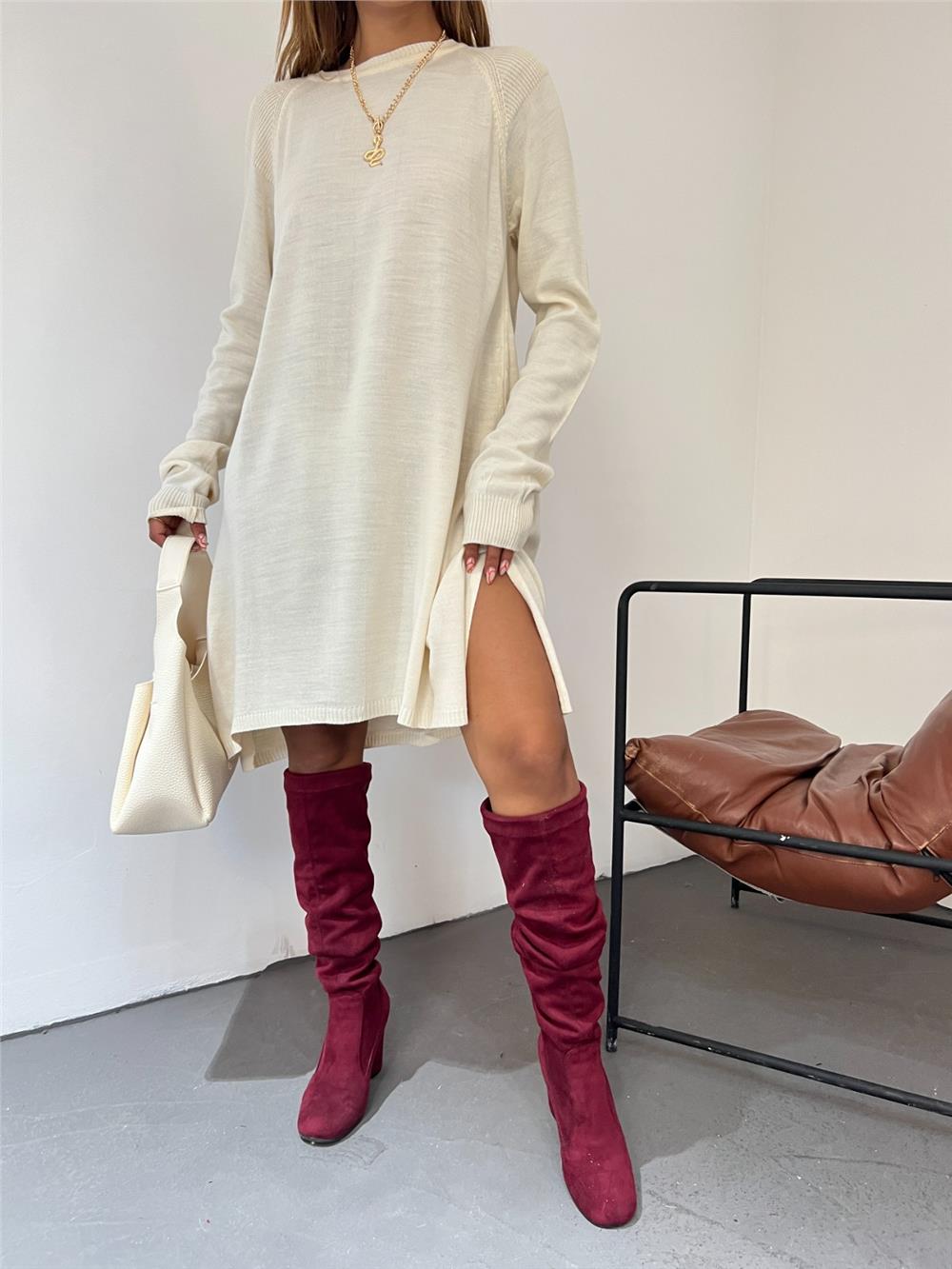 Raglan Sleeve Plain Knitwear Tunic - Cream-295-2100-R28