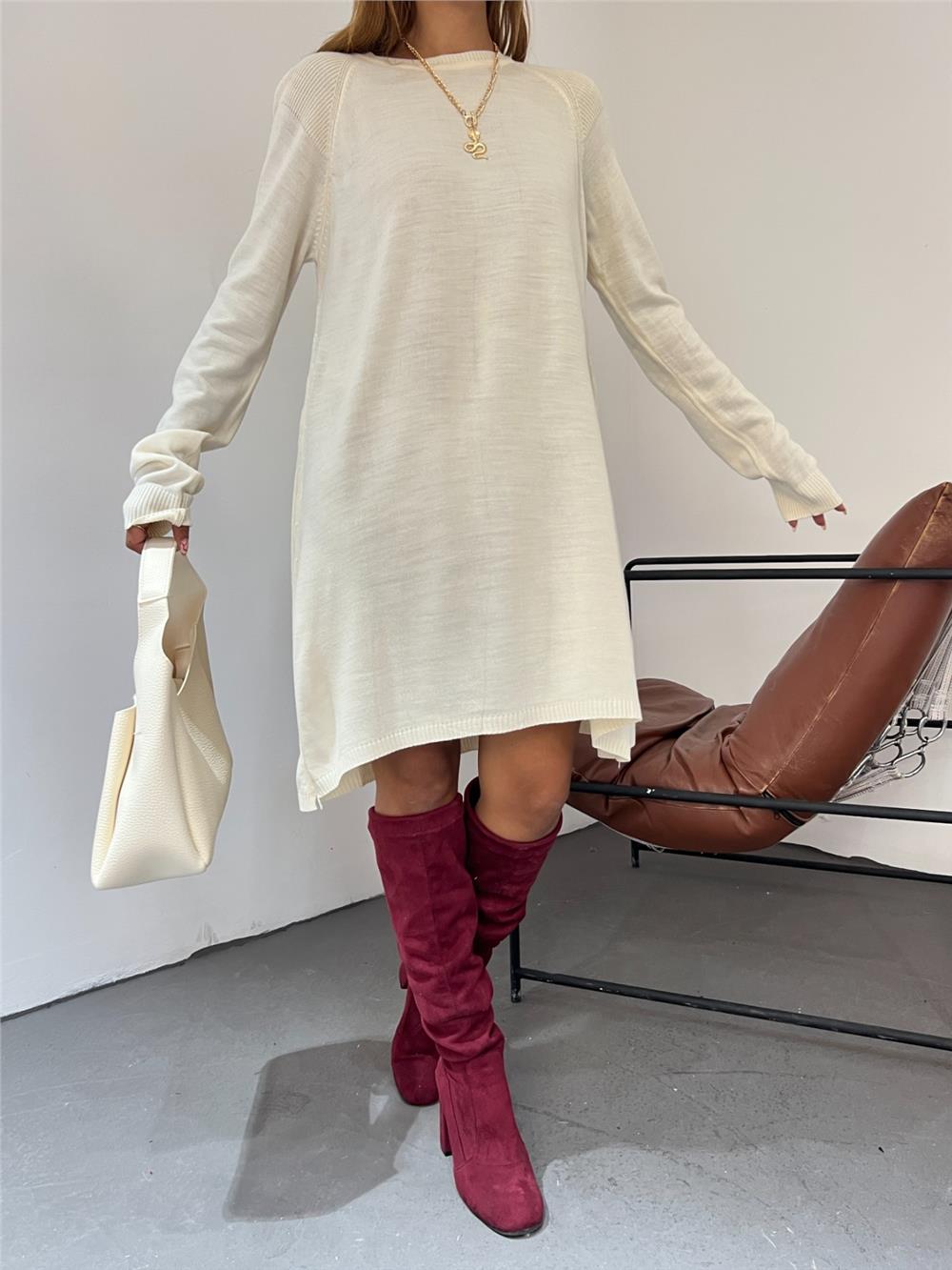 Raglan Sleeve Plain Knitwear Tunic - Cream-295-2100-R28