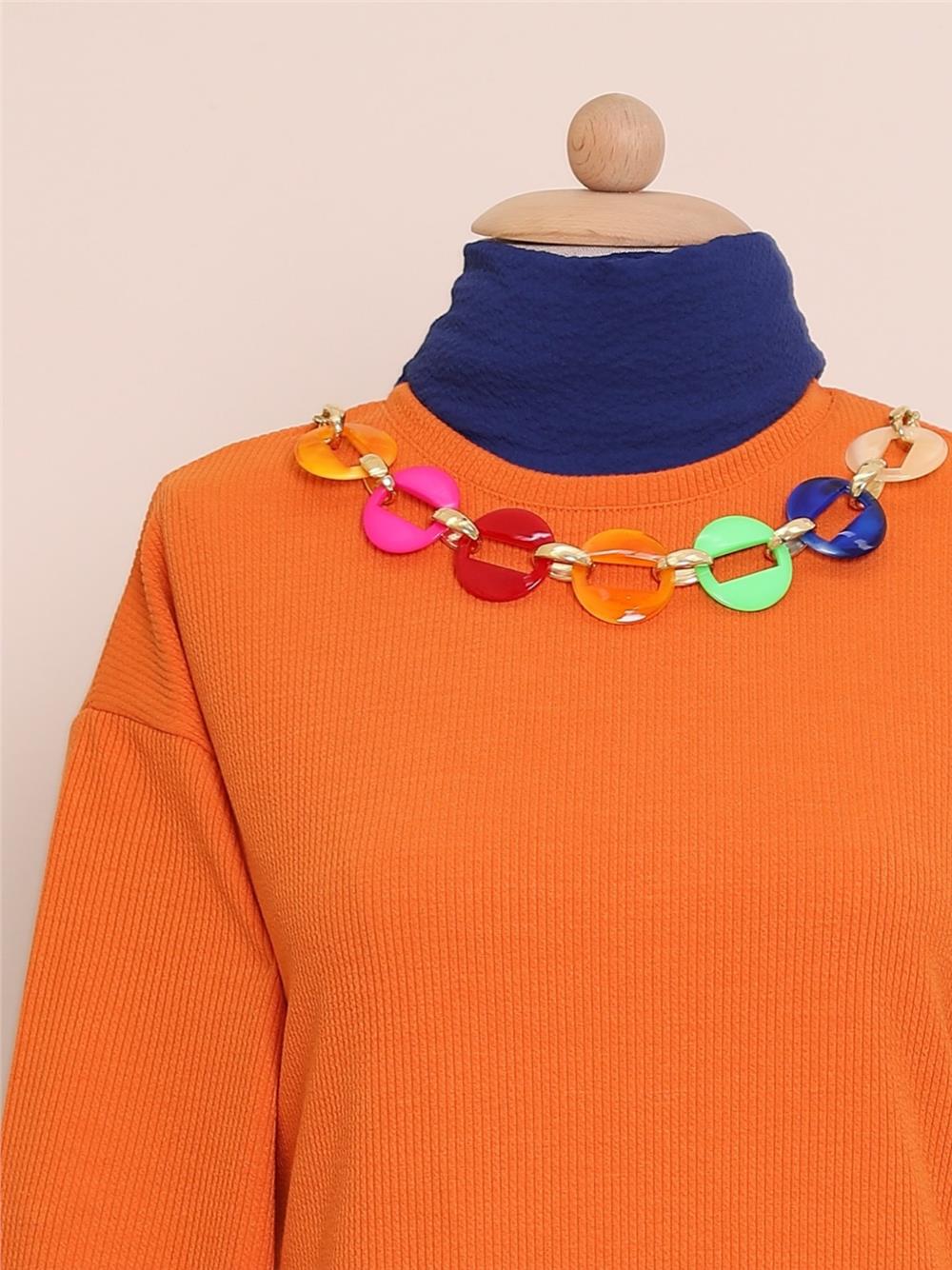 Crew Neck Double Suit with Colorful Necklace Detail -Orange-222-2833-R16