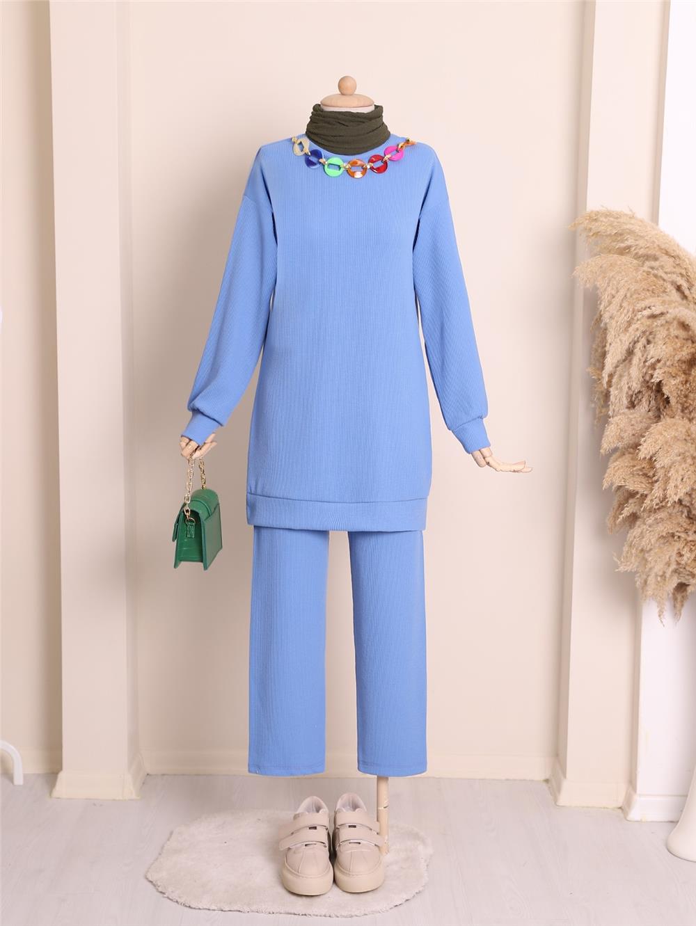 Colorful Necklace Detailed Crew Neck Double Suit -Blue-222-2833-R31