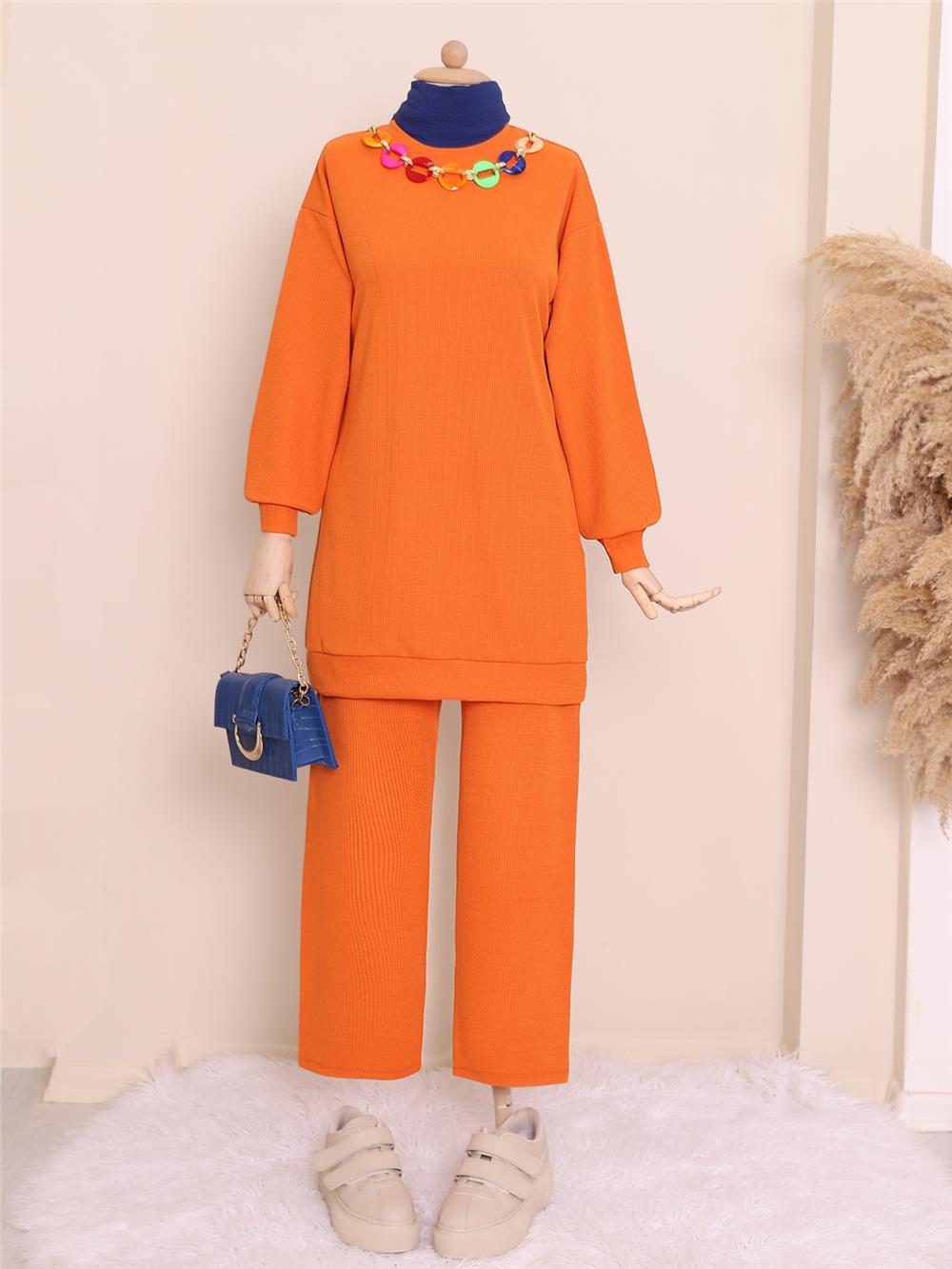Crew Neck Double Suit with Colorful Necklace Detail -Orange-222-2833-R16
