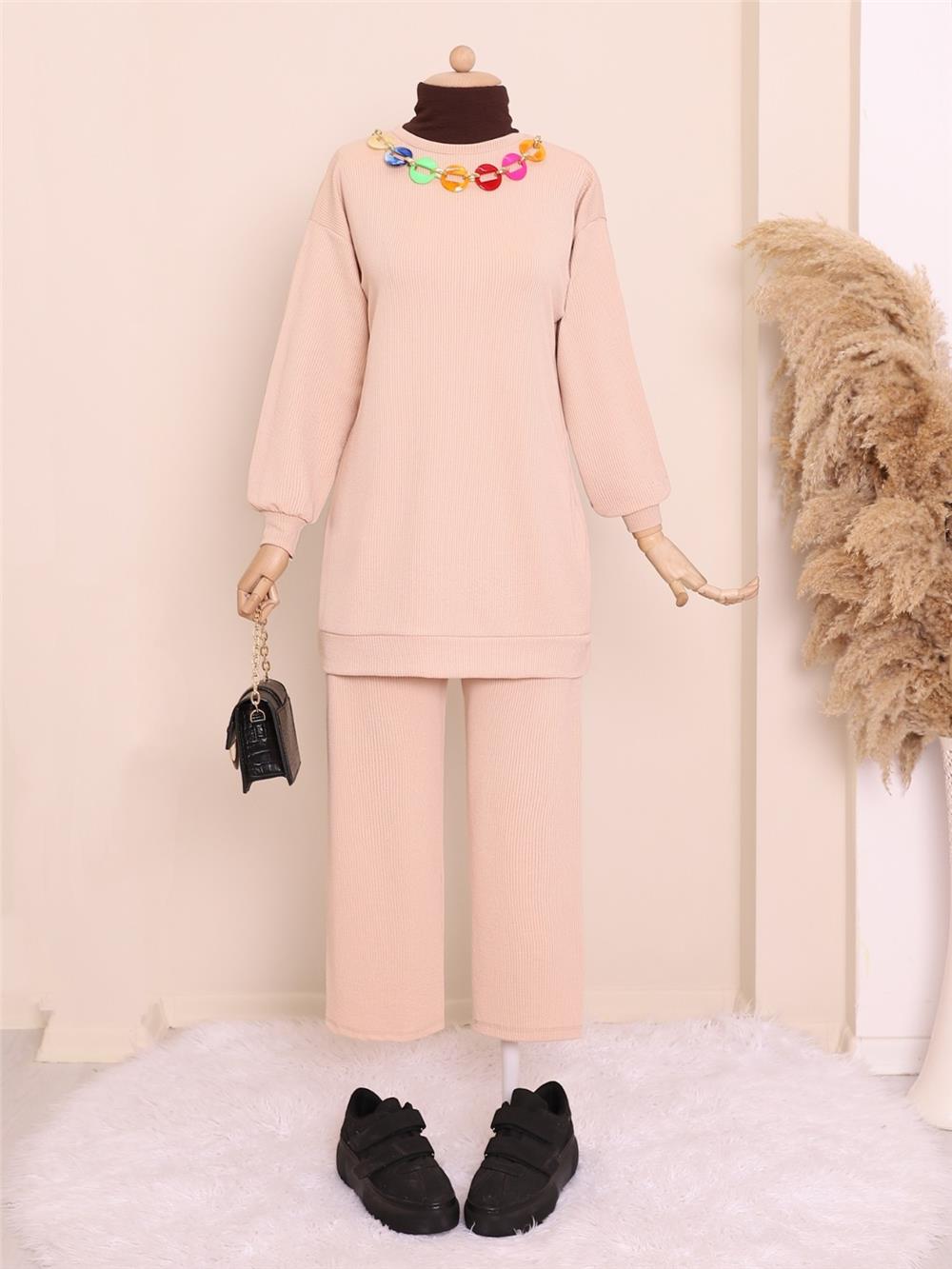 Crew Neck Double Suit with Colorful Necklace Detail -Beige-222-2833-R56