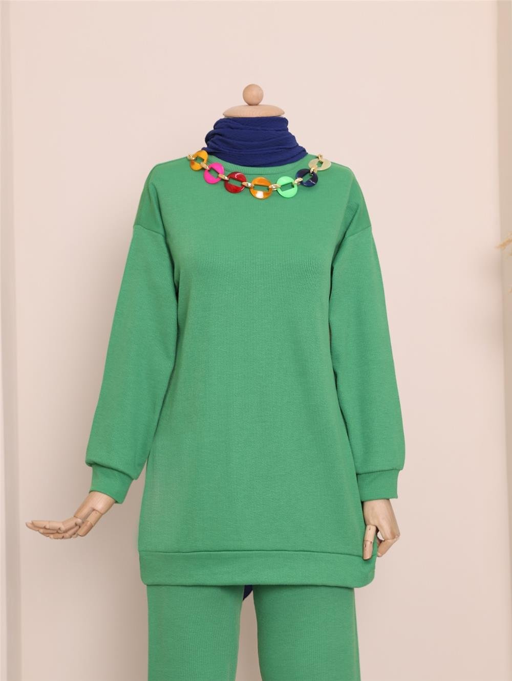 Crew Neck Double Suit with Colorful Necklace Detail -Green-222-2833-R35