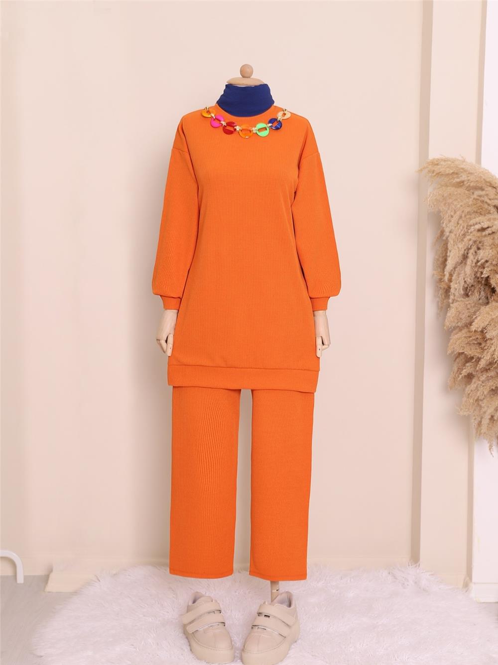 Crew Neck Double Suit with Colorful Necklace Detail -Orange-222-2833-R16