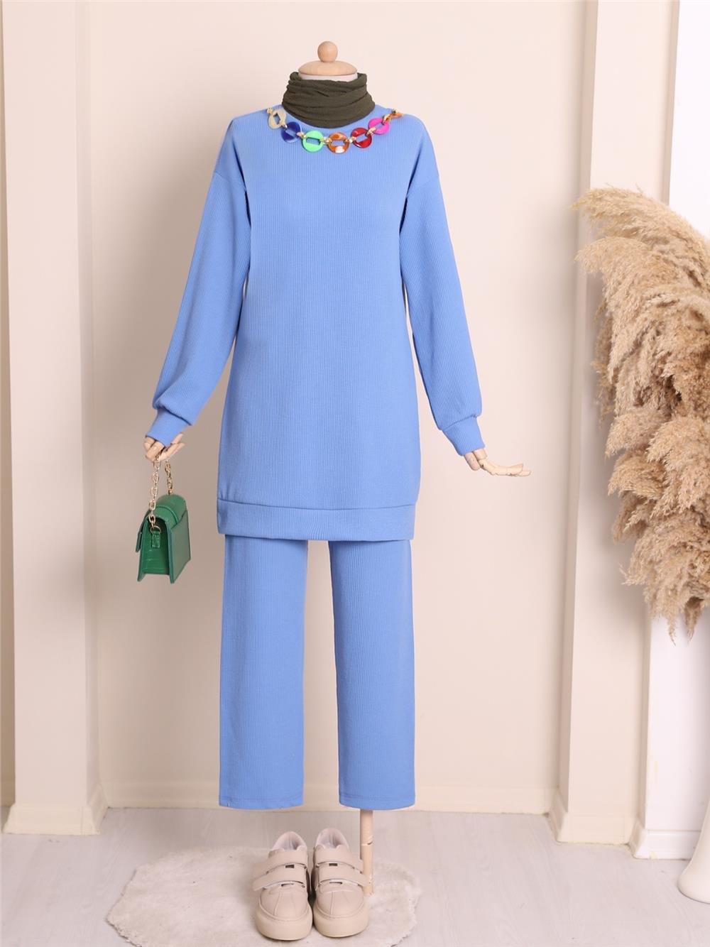 Colorful Necklace Detailed Crew Neck Double Suit -Blue-222-2833-R31