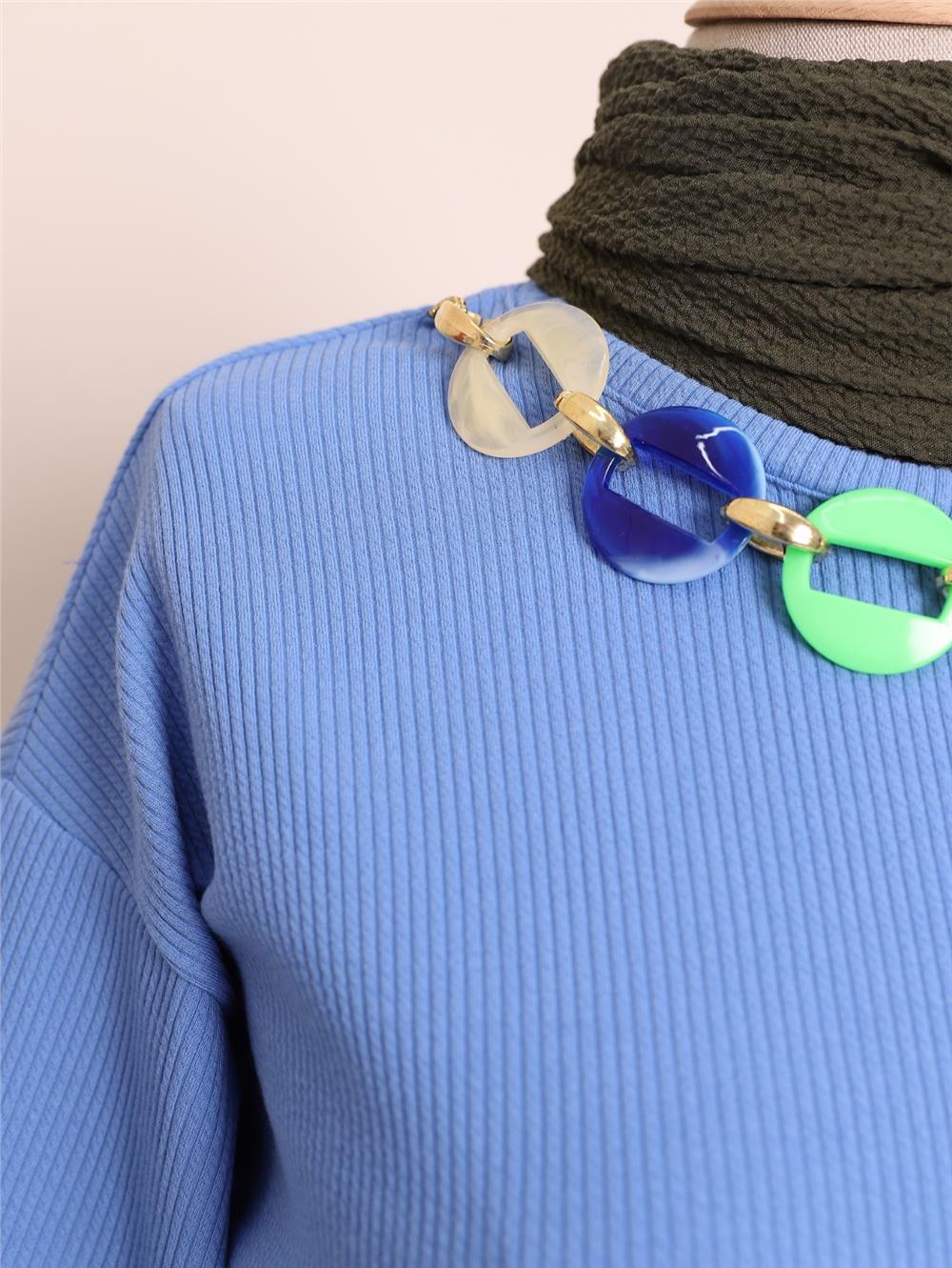 Colorful Necklace Detailed Crew Neck Double Suit -Blue-222-2833-R31