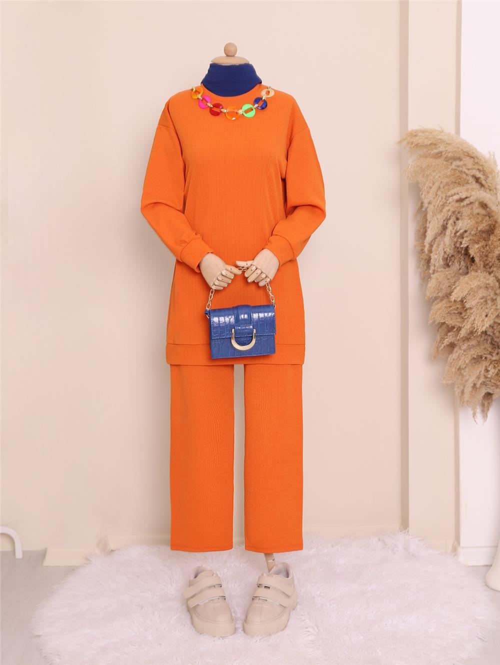 Crew Neck Double Suit with Colorful Necklace Detail -Orange-222-2833-R16