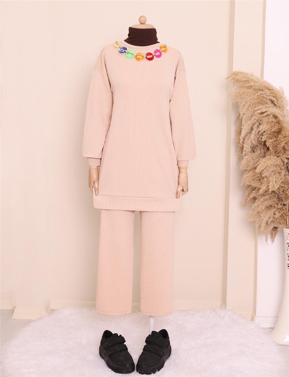 Crew Neck Double Suit with Colorful Necklace Detail -Beige-222-2833-R56