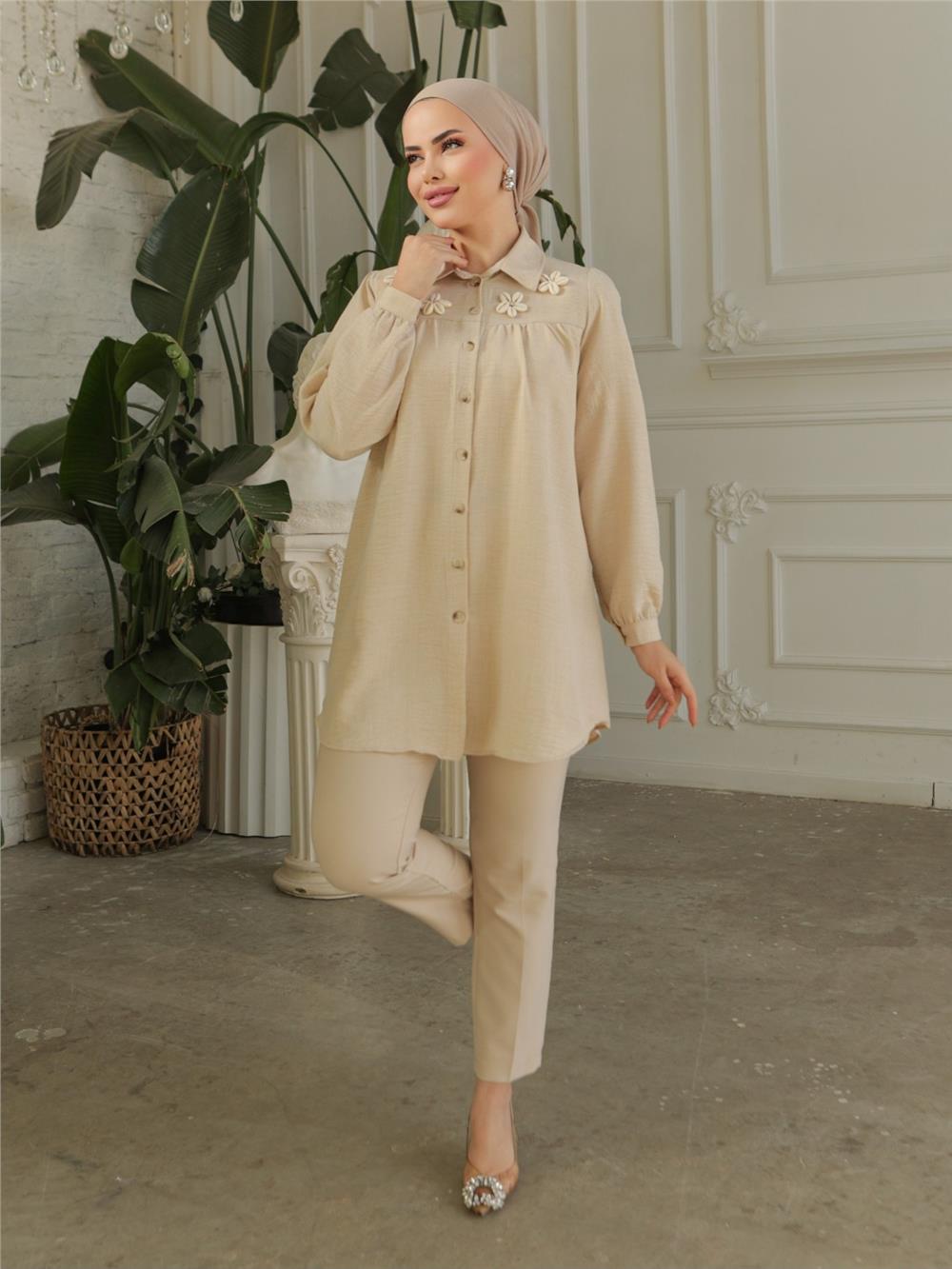 Gathered Robe with Special Appliqued Linen Tunic - Ecru-186-573-R07