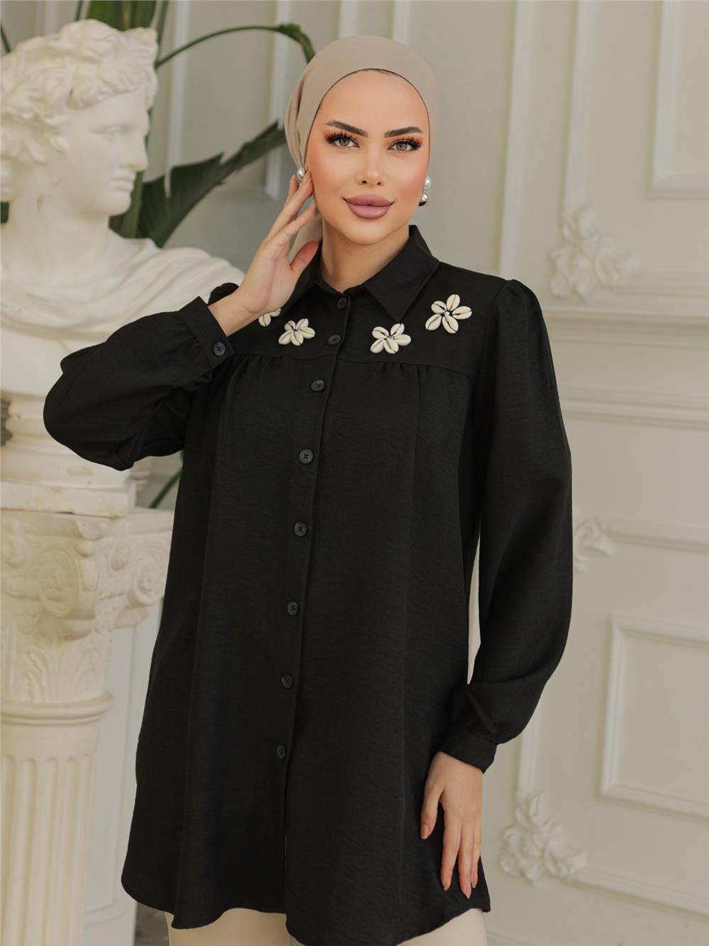 Gathered Robe with Special Appliqued Linen Tunic - Black-186-573-R01