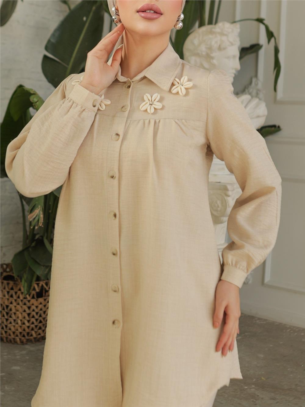 Gathered Robe with Special Appliqued Linen Tunic - Ecru-186-573-R07