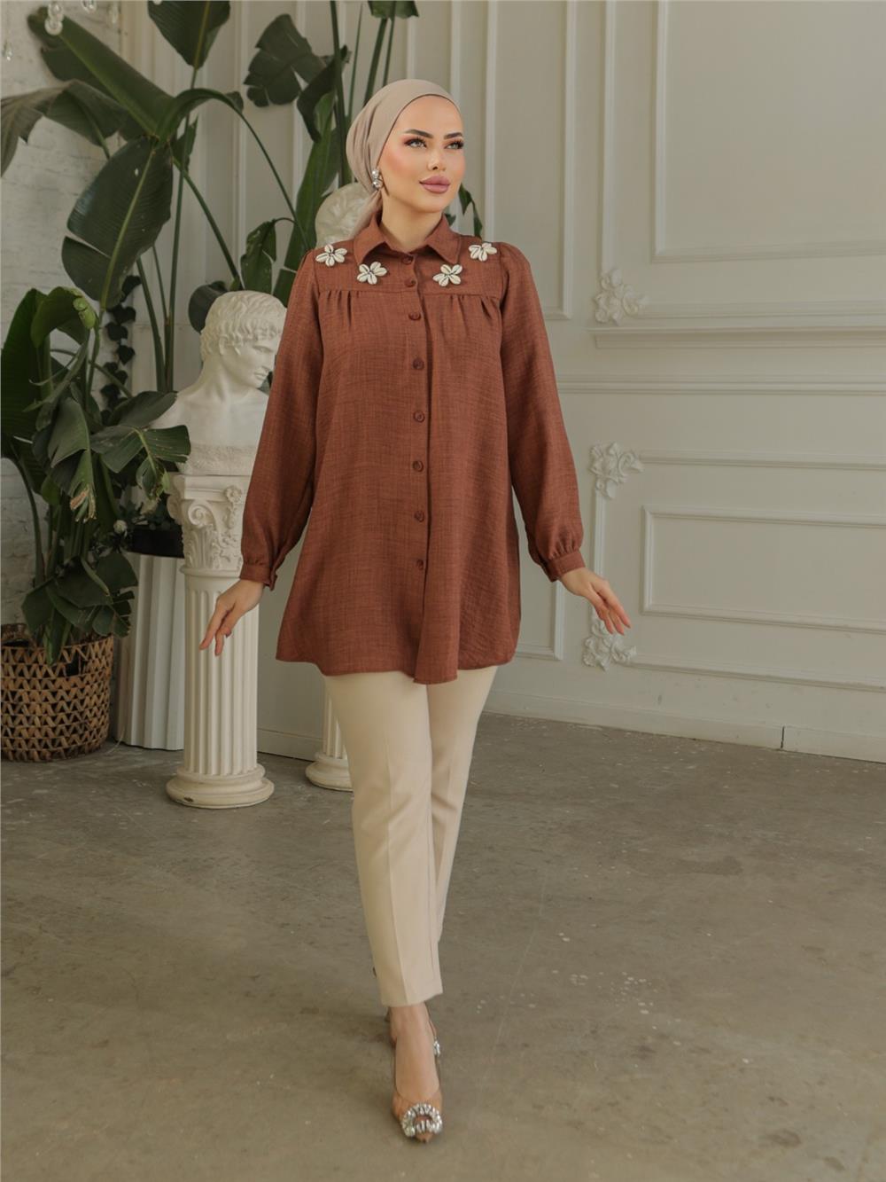 Linen Tunic with Gathered Robe and Special Applique -K. Coffee-186-573-R54