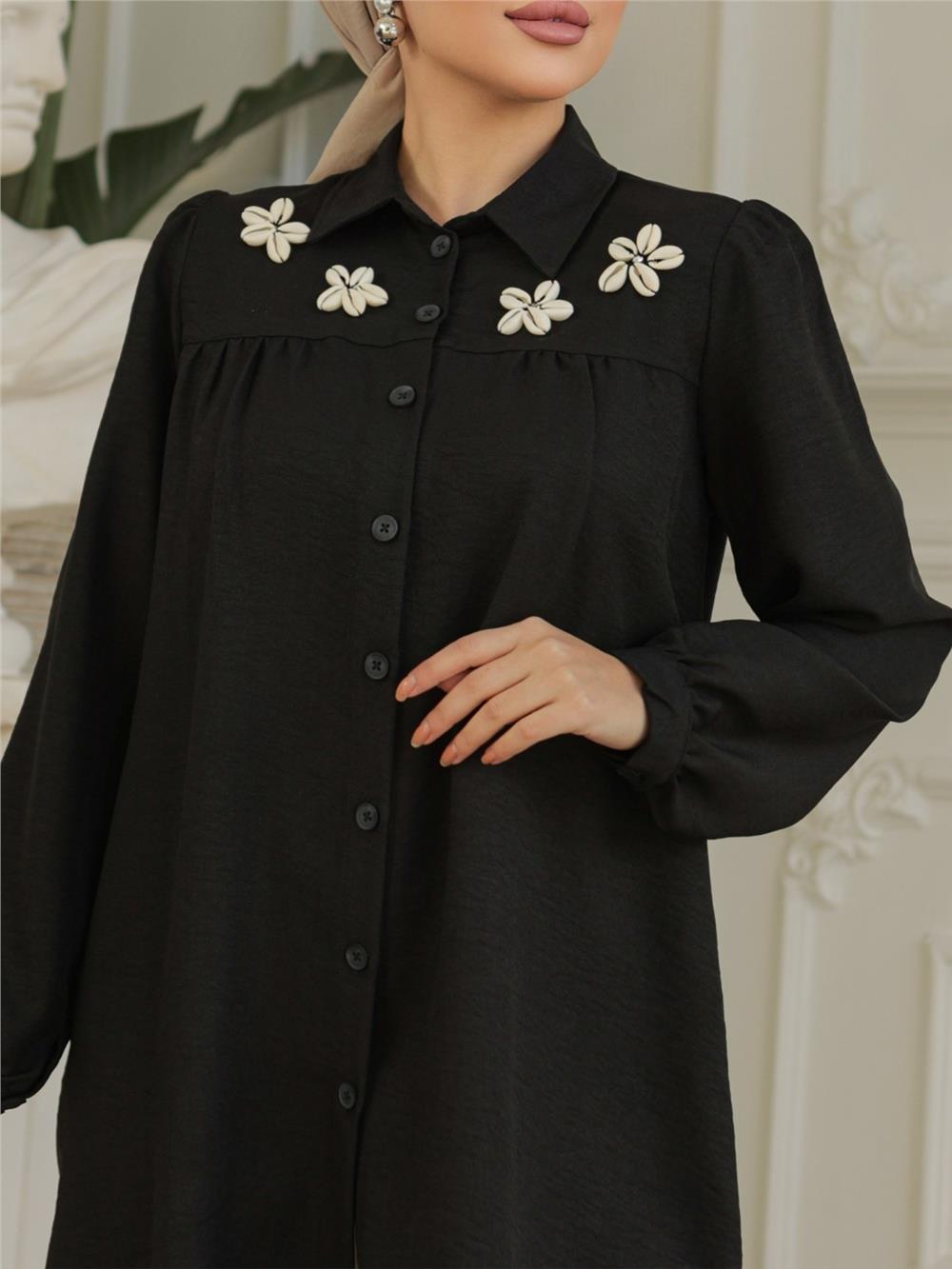 Gathered Robe with Special Appliqued Linen Tunic - Black-186-573-R01