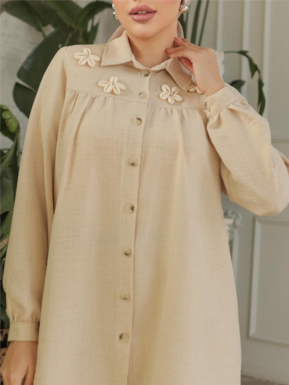 Gathered Robe with Special Appliqued Linen Tunic - Ecru-186-573-R07